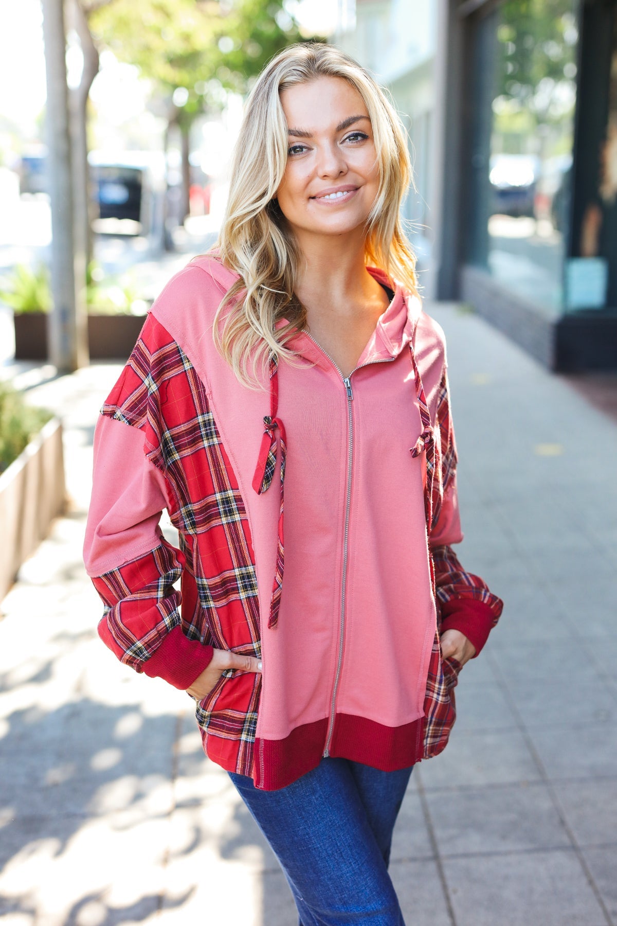 Stylish Marsala Plaid Color Block Zipper French Terry Hoodie for Women | Cozy Fall & Winter Outerwear | Perfect for Casual Outings, Lounge Wear and Street Fashion