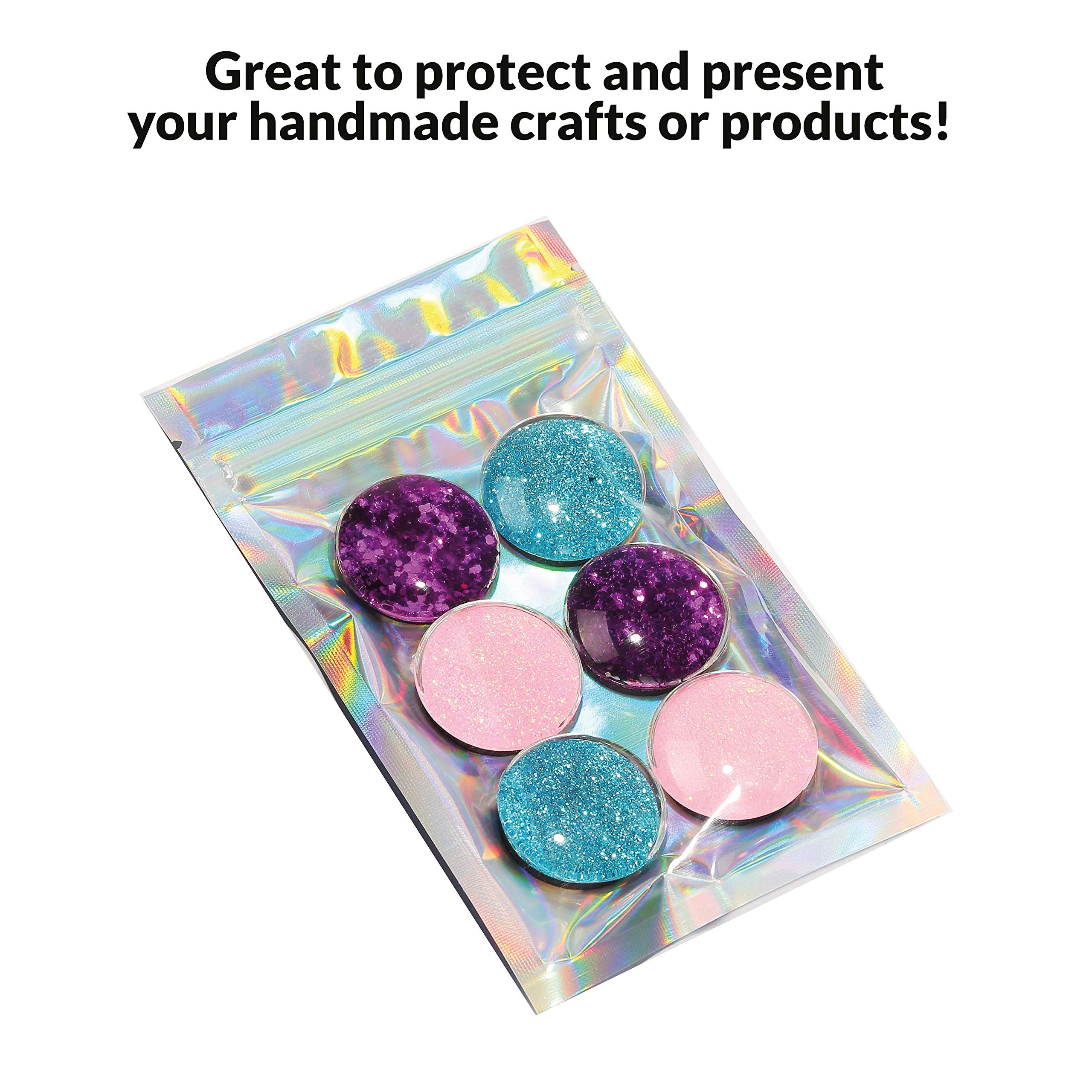 Premium 3.3 x 5.5 Inch Mylar Bags with Ziplock - 100 Pack Rainbow Holographic Heat Sealable Food Storage Bags for Candy, Snacks, Medications & Vitamins | Airtight Packaging for Liquids & Solids | Perfect for Home, Retail & Travel Use