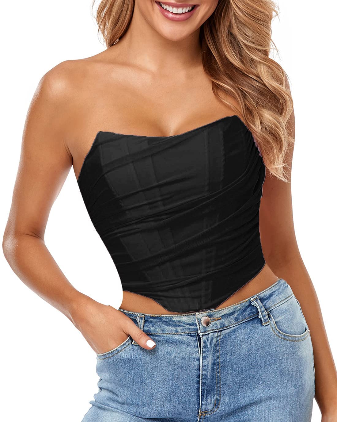 Arjungo Women's Sexy Strapless Boned Mesh Open Back Bustier Corset Top | Shapewear for Tummy Control & Hourglass Figure | Perfect for Clubwear, Date Night & Burlesque Costumes