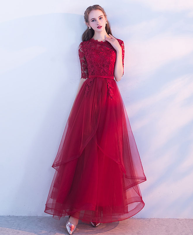 Elegant Burgundy Tulle Lace Long Prom Dress | Formal Evening Gown for Homecoming, Wedding, Quinceañera & Special Occasions