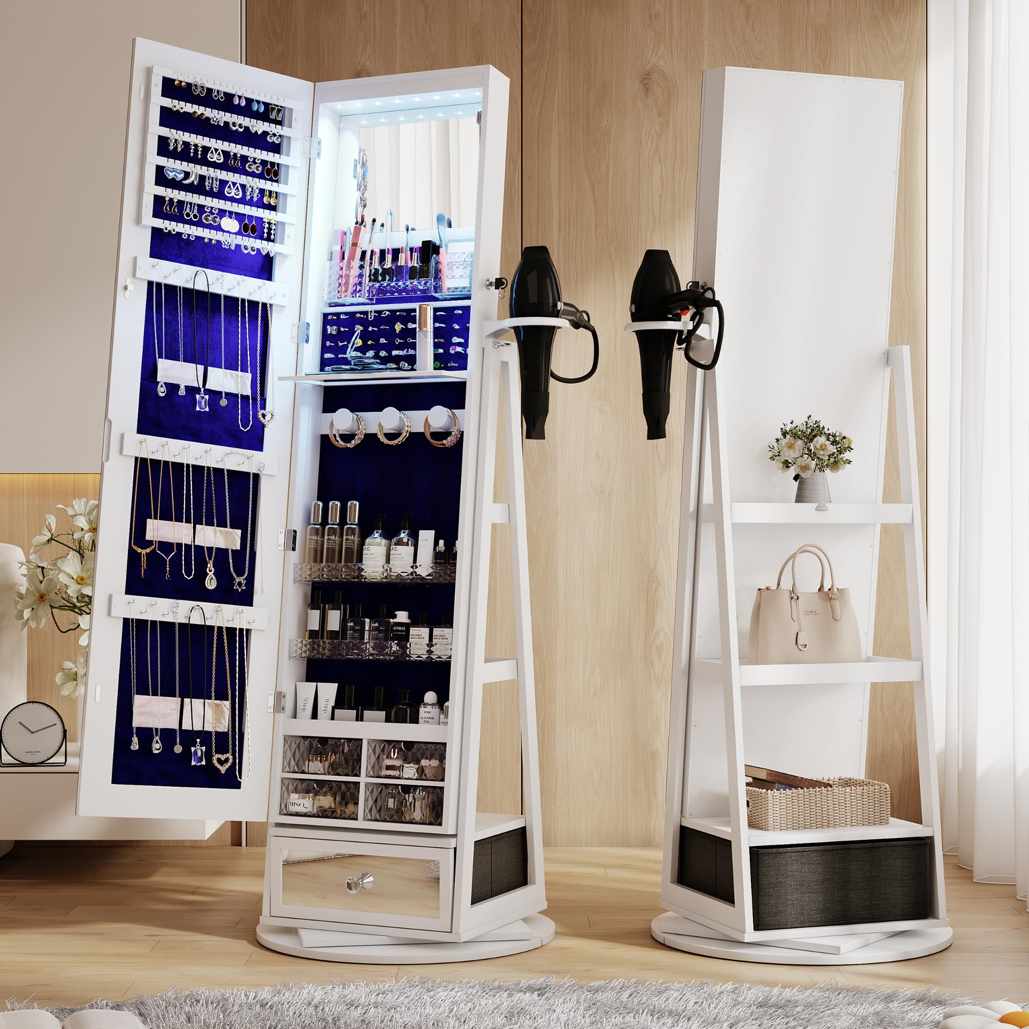 HWB Full-Length Mirror with Jewelry Storage & LED Lights - 360° Swivel Standing Jewelry Cabinet Organizer with Foldable Makeup Shelf - White | Bedroom Vanity, Dressing Room & Closet Organization Solution