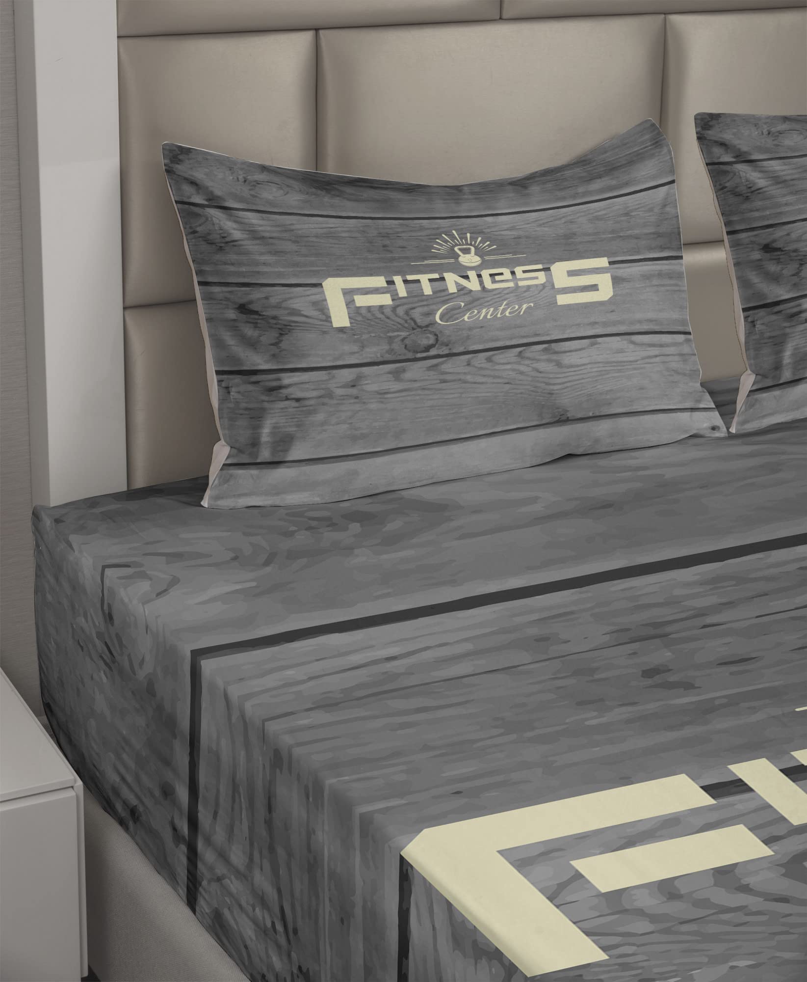 Ambesonne 4-Piece Fitness Themed Sheet Set - King Size, Pale Yellow Black Grey Print, Fitted & Flat Sheets with Pillowcases - Perfect for Gym Enthusiasts & Home Workout Spaces