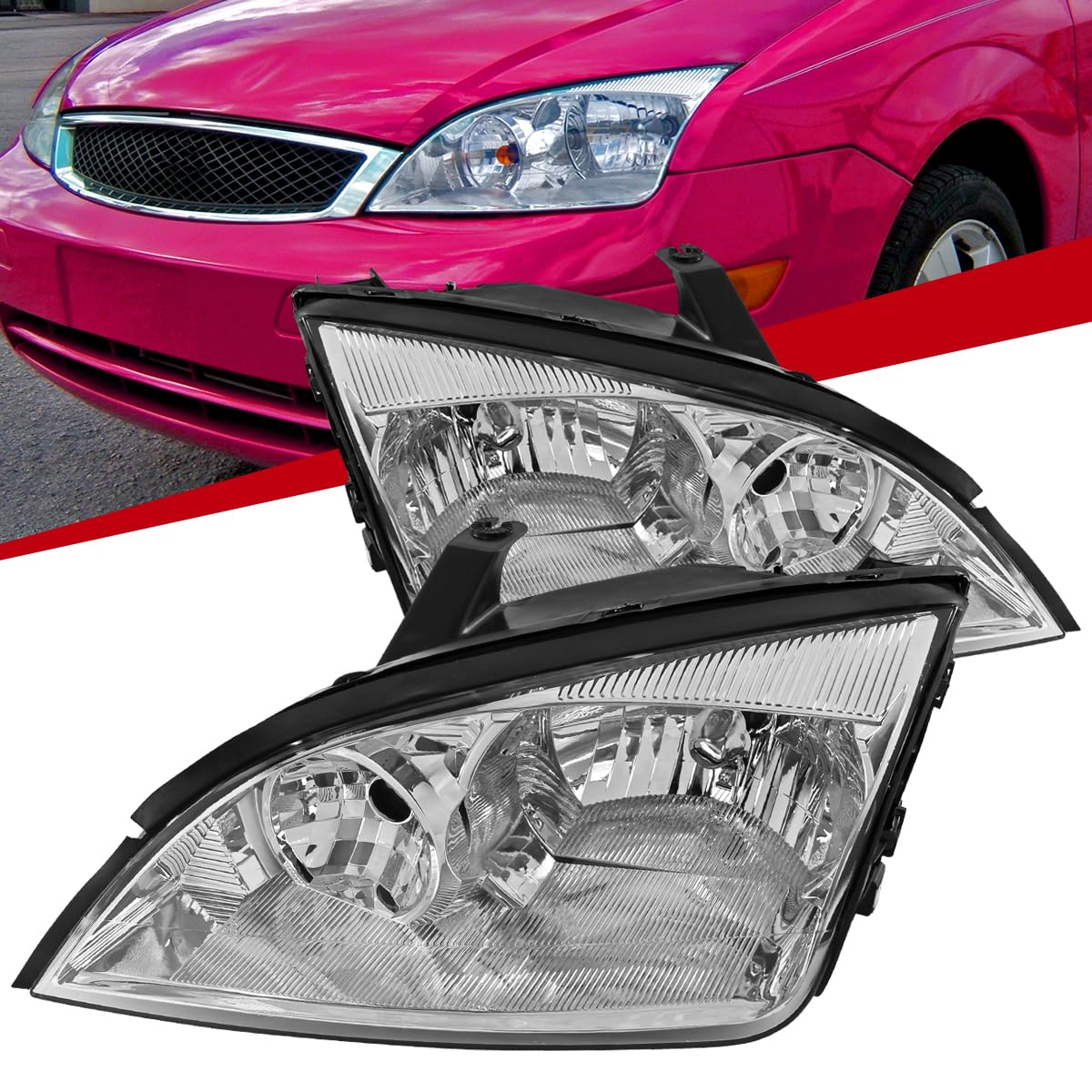 2005-2007 Ford Focus ZX4 ST Replacement Chrome Clear Headlight Assembly Pair - Left & Right Side - Improved Visibility & Style for Night Driving & Car Upgrades