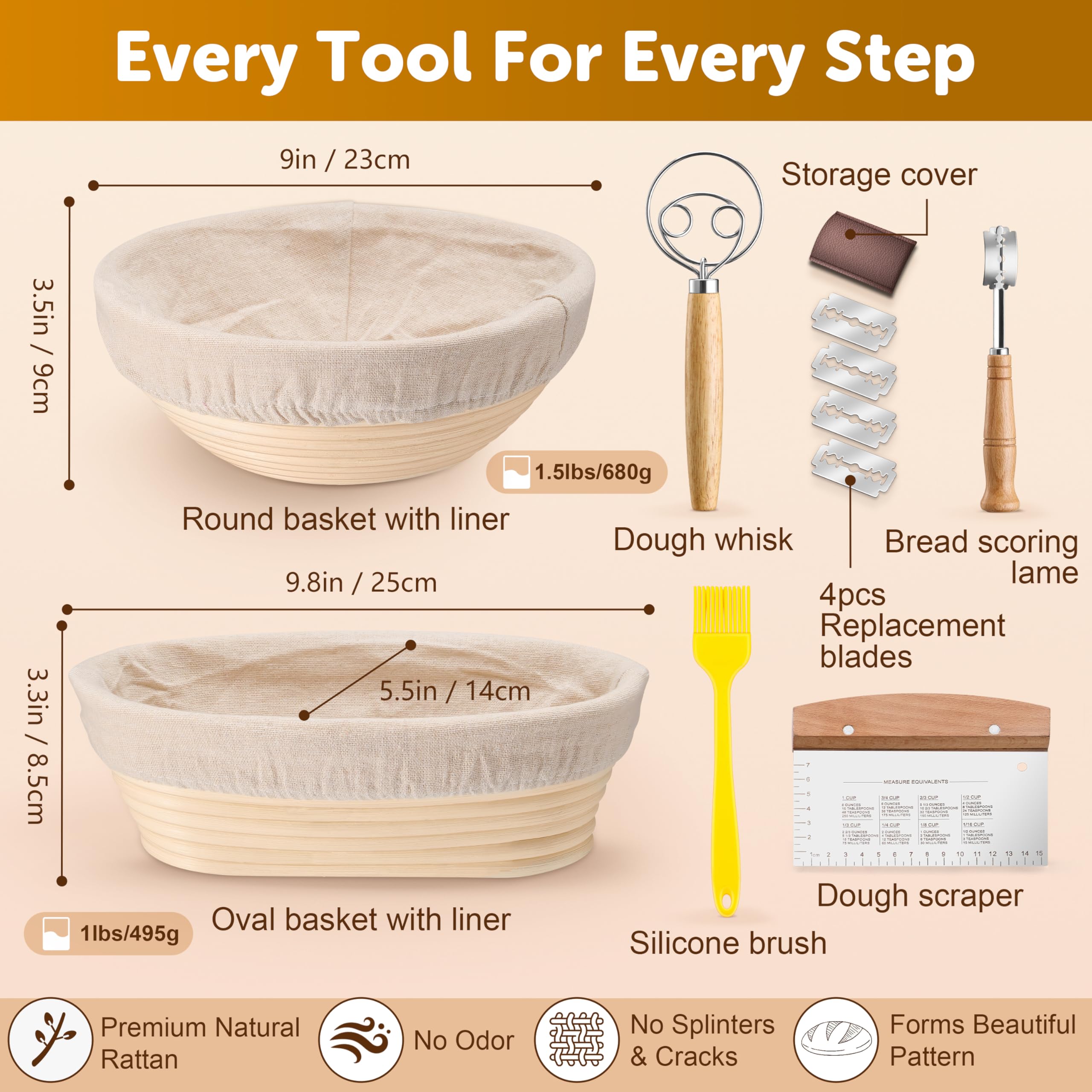 TeamFar 9” Round & 10” Oval Bread Proofing Basket Set with Liner - Sourdough Starter Kit for Artisan Bread Making (Includes Bread Lame, Whisk, Dough Scraper & Basting Brush) - Perfect for Home Bakers & Professional Bakeries