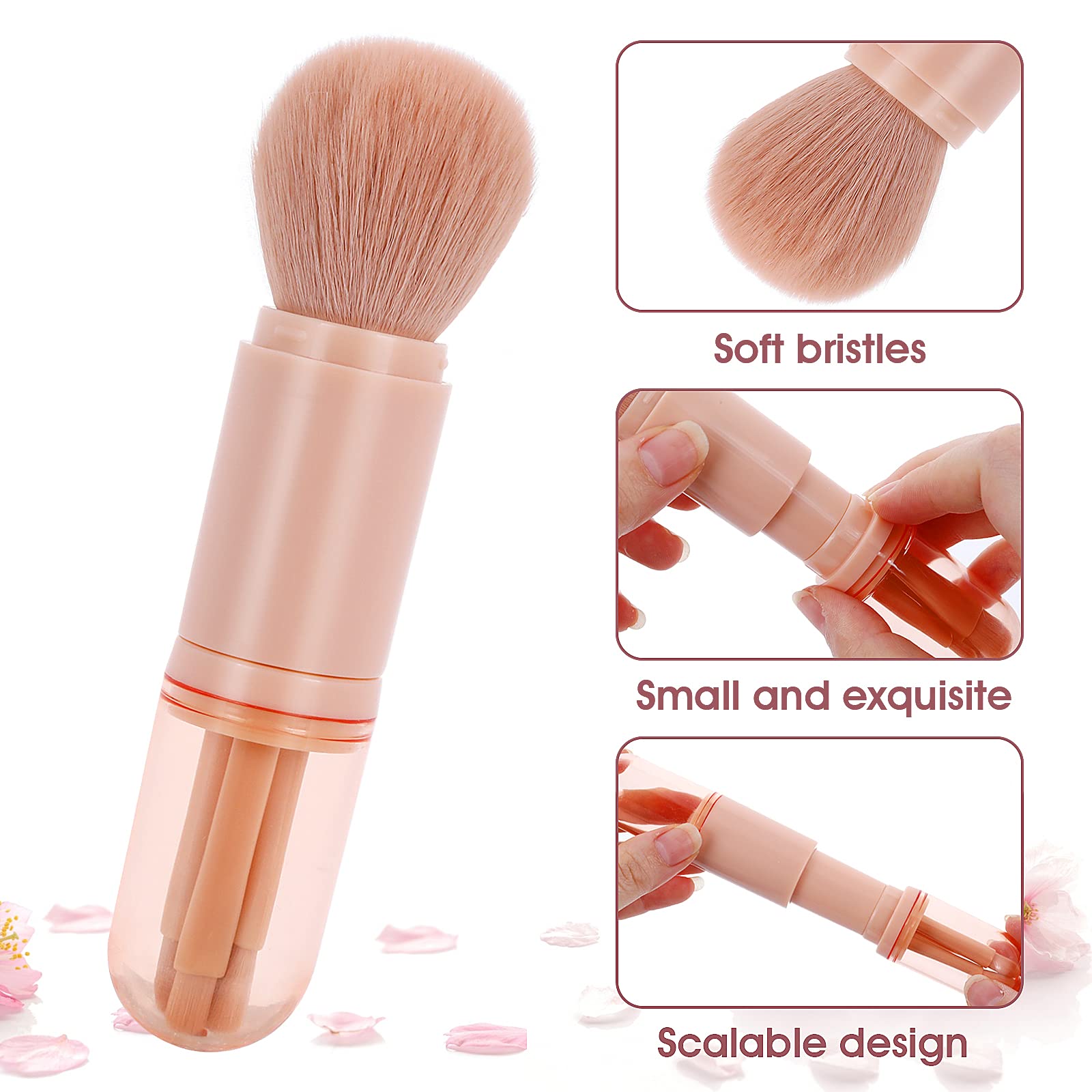 Molain Retractable Makeup Brush Set - 4 in 1 Portable Travel Cosmetic Brushes for Lips, Highlight, Eyeshadow & Foundation | Mini Face Powder & Blending Brush | Perfect for On-the-Go Makeup & Travel Essentials (Pink)