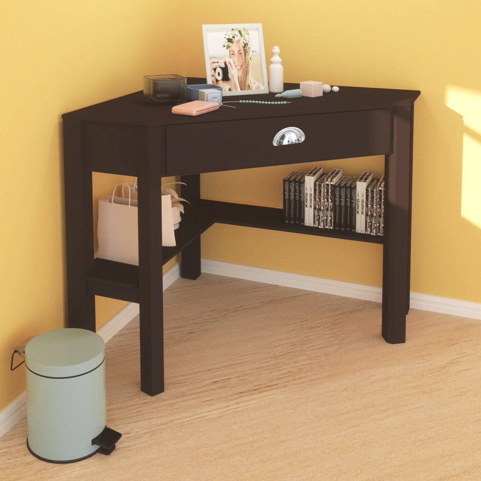 Corner Triangle Computer Desk with Drawer - Compact Home Office Writing Desk with Storage Shelves, Black Laptop PC Table for Small Spaces | Perfect for Home Office, Study & Workstation Setup