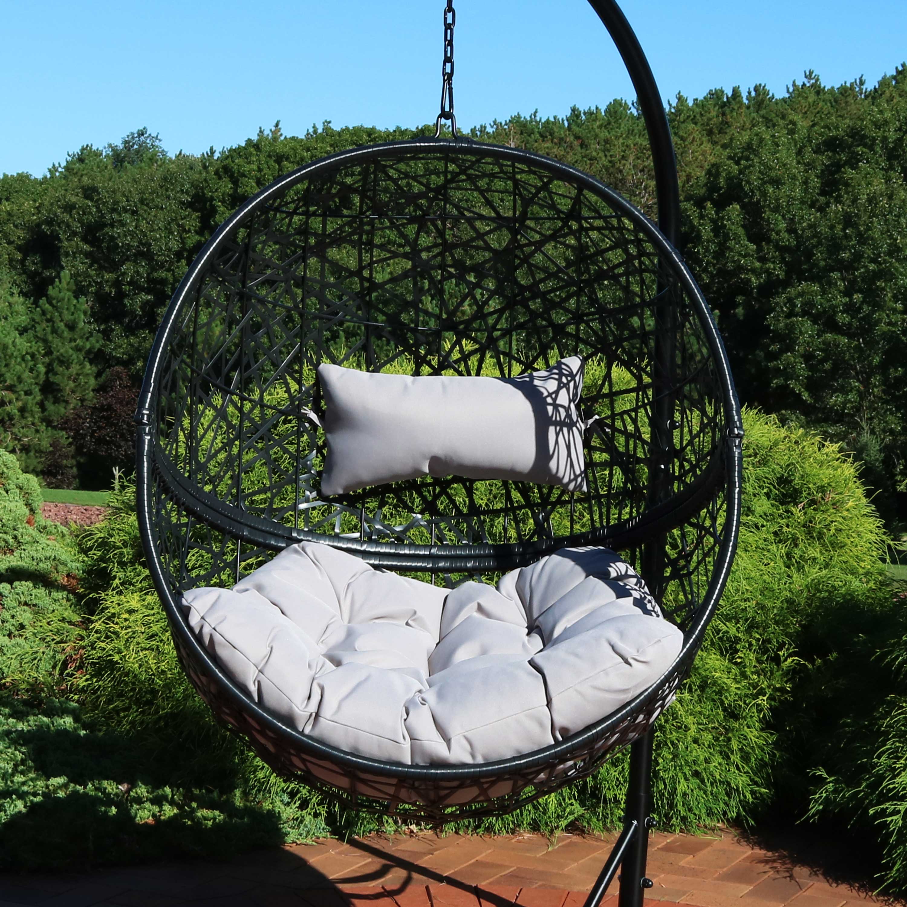Sunnydaze Jackson Outdoor Hanging Resin Wicker Egg Chair with Cushion - Patio, Garden, Porch Swing Chair for Relaxing & Lounging