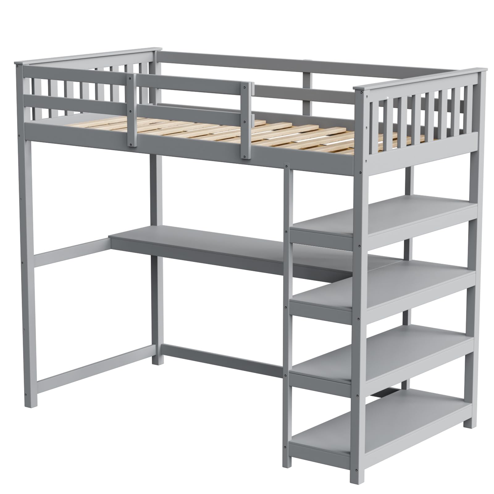 JOYMOR Twin Size Bunk Bed with Built-in Desk & 4-Layer Shelves - Space-Saving Loft Bed with Under Desk Storage & Bookcase - Sturdy Bed Frame for Kids, Teens & Adults - Perfect for Small Bedrooms, Dorms & Studio Apartments