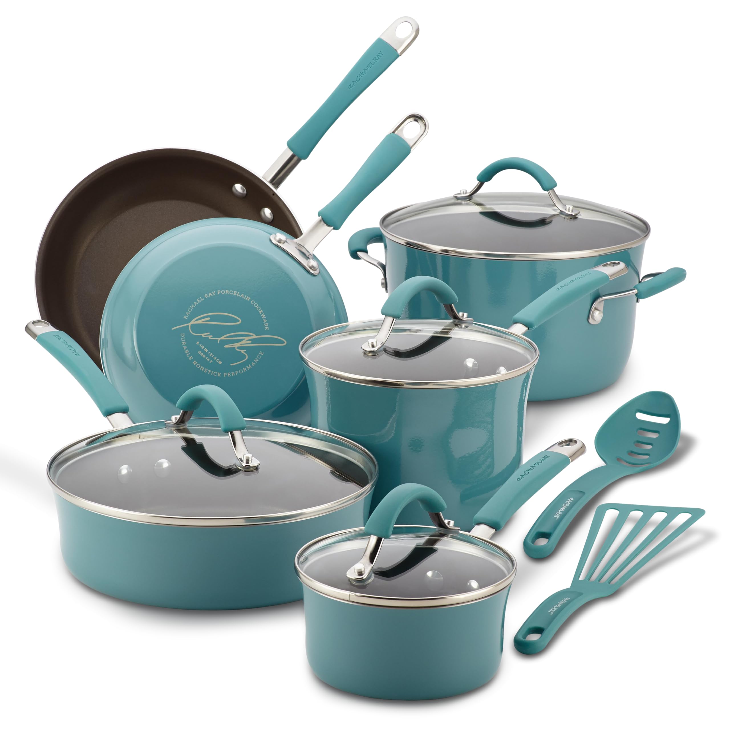 Rachael Ray Cucina Nonstick Cookware Set - 12-Piece Pots and Pans in Agave Blue | Durable Kitchen Essentials for Baking, Frying & Everyday Cooking
