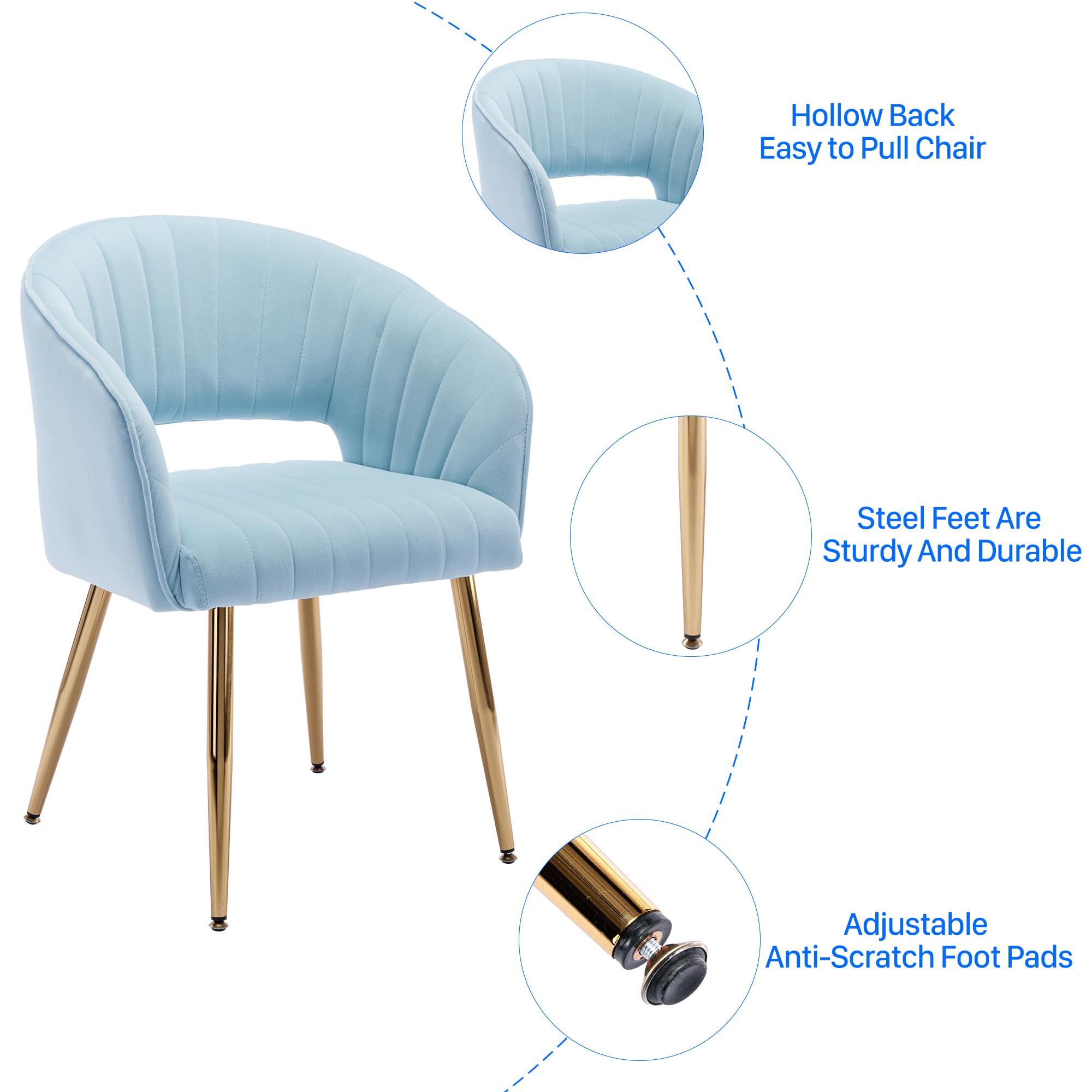 Velvet Tufted Desk Chair with Gold Legs - Ergonomic Home Office Chair for Women, Modern Upholstered Accent Armchair, Comfortable Study & Computer Task Stool - Perfect for Home Office, Living Room & Dorm (Blue)