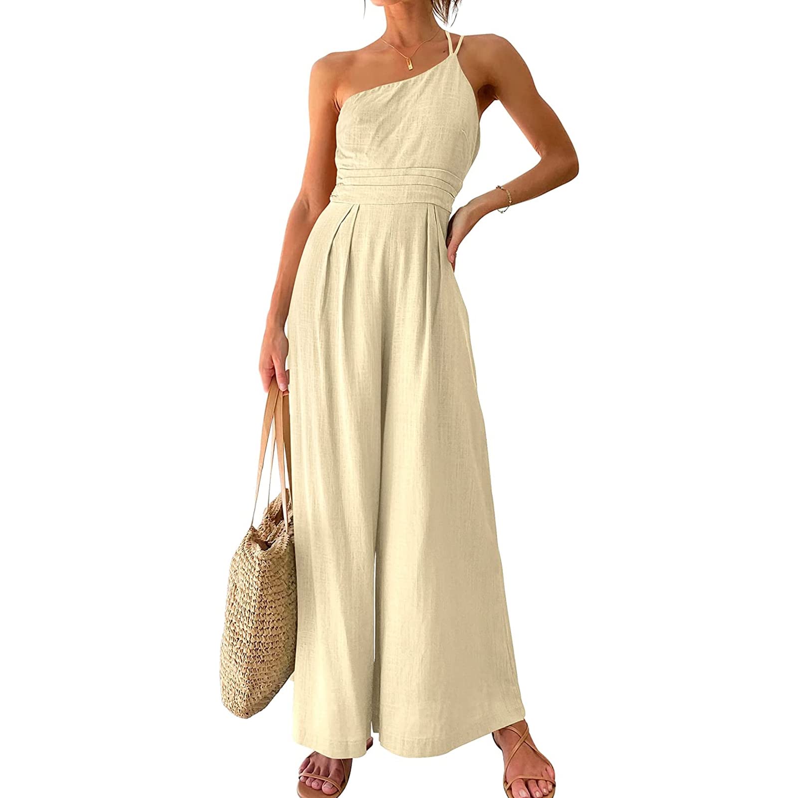 Karwuiio Women's Casual Loose Spaghetti Strap Jumpsuit Romper - One Shoulder Sleeveless Wide Leg High Waist Summer Outfit for Beach, Vacation & Party Wear
