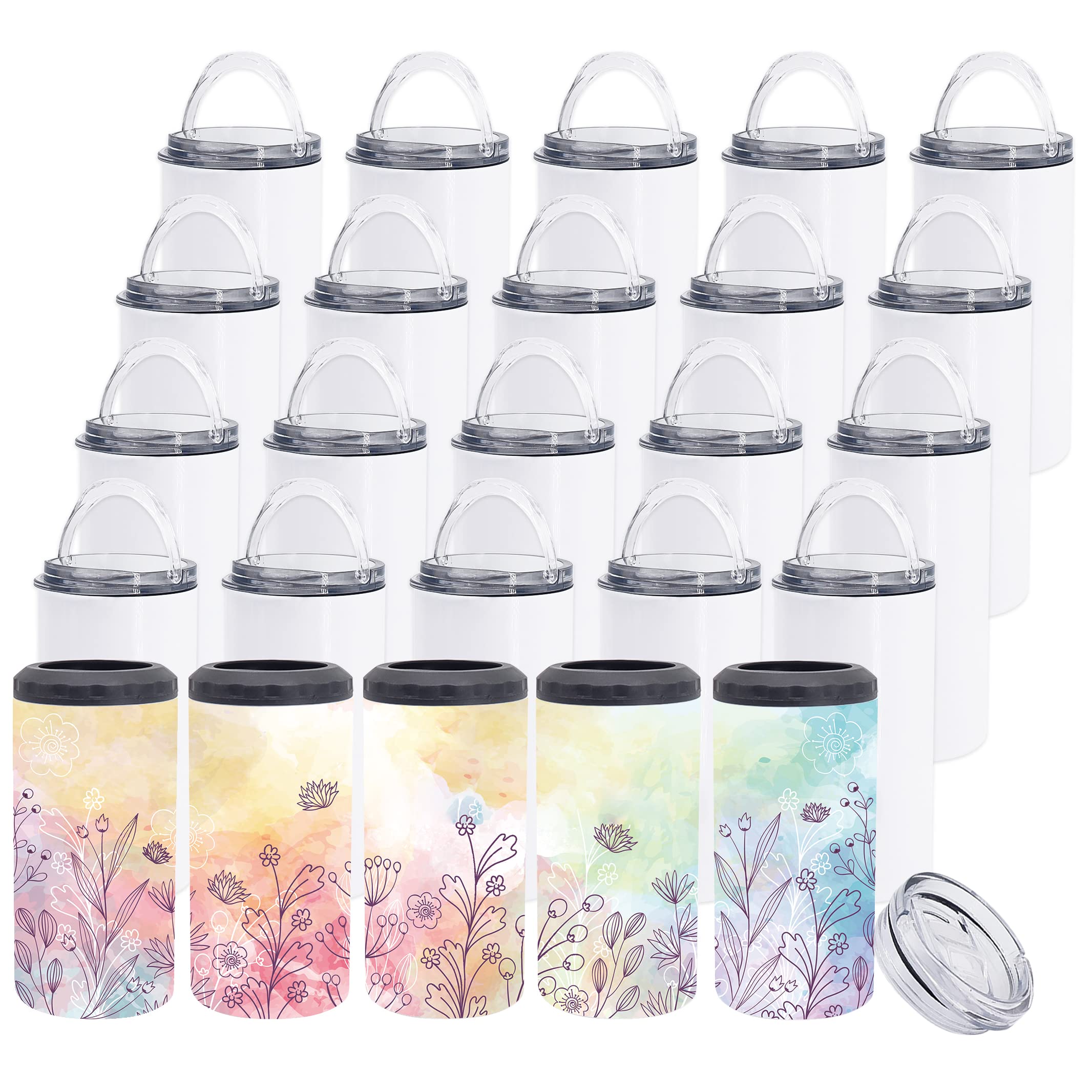 25 Pack 4-in-1 Insulated Stainless Steel Can Coolers - 16 oz Sublimation Ready Tumblers with Lids & Straws - Double Wall Vacuum Insulated Beer Can Holders - Bulk White Blank Tumblers for DIY Customization - Perfect for Parties, Camping & Outdoor Events