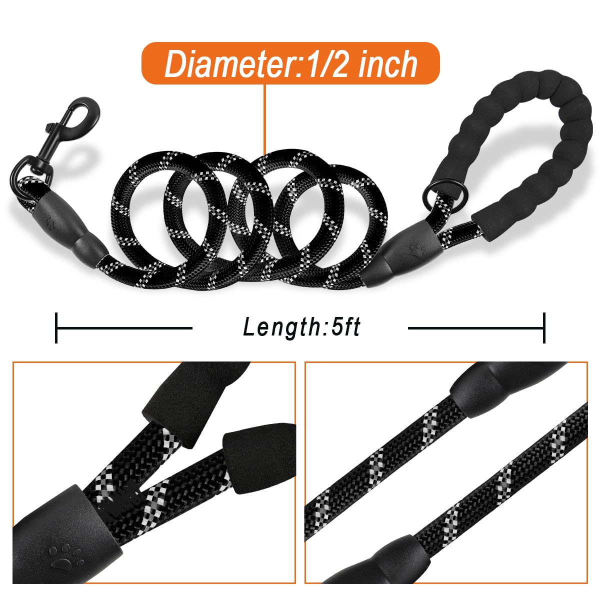 BARKBAY Heavy Duty Dog Leash 2 Pack - 5FT Strong Reflective Leashes with Padded Handle for Large Dogs, Walking, Training & Running | Durable Pet Accessories for Outdoor Adventures (Black+Black, 5FT-1/2)