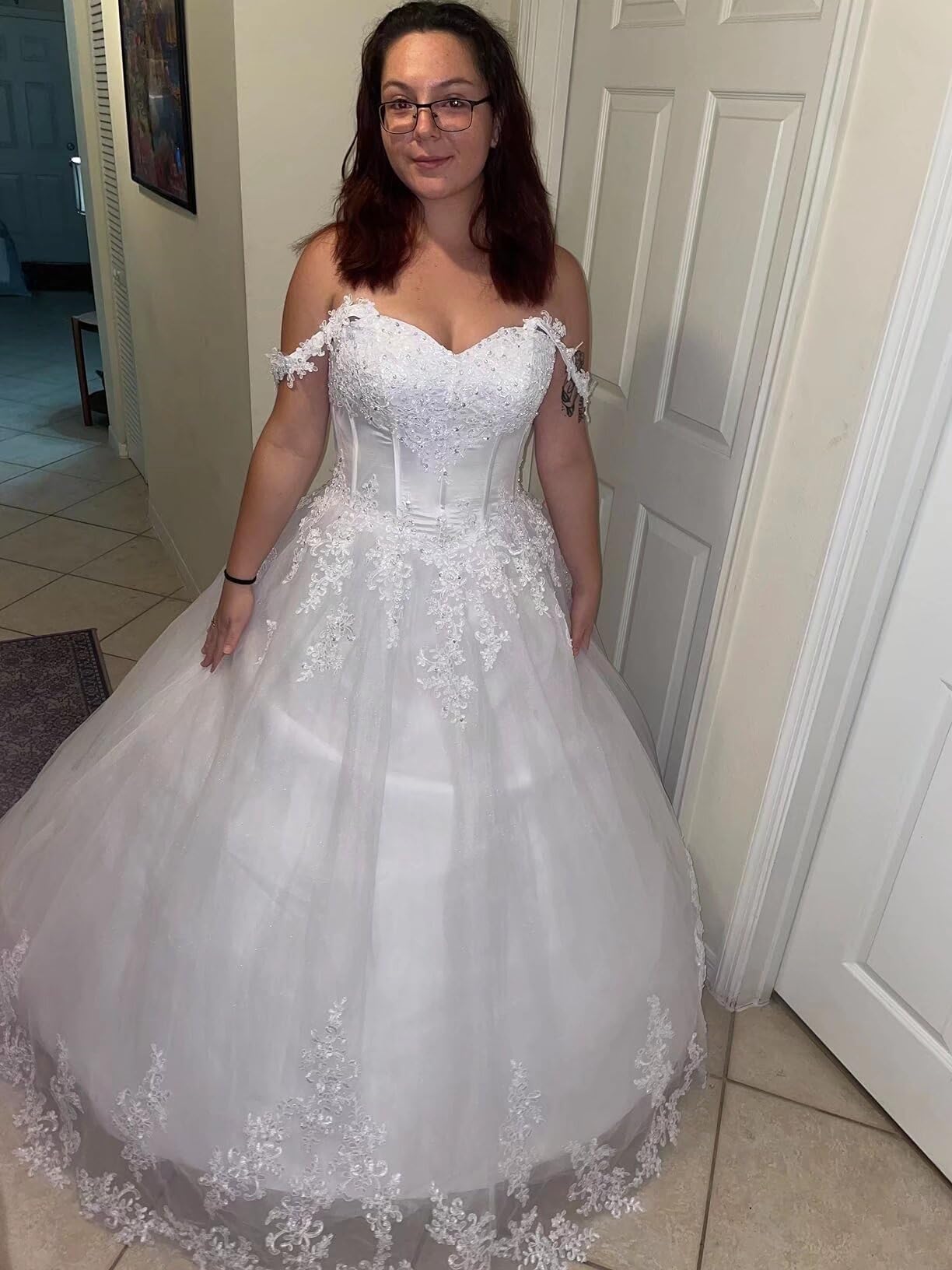 Zhangyo Off The Shoulder Wedding Dresses for Bride - Puffy Tulle Bridal Gown with Train, Lace Appliques & Beaded Details | Perfect for Beach, Church, or Ballroom Weddings