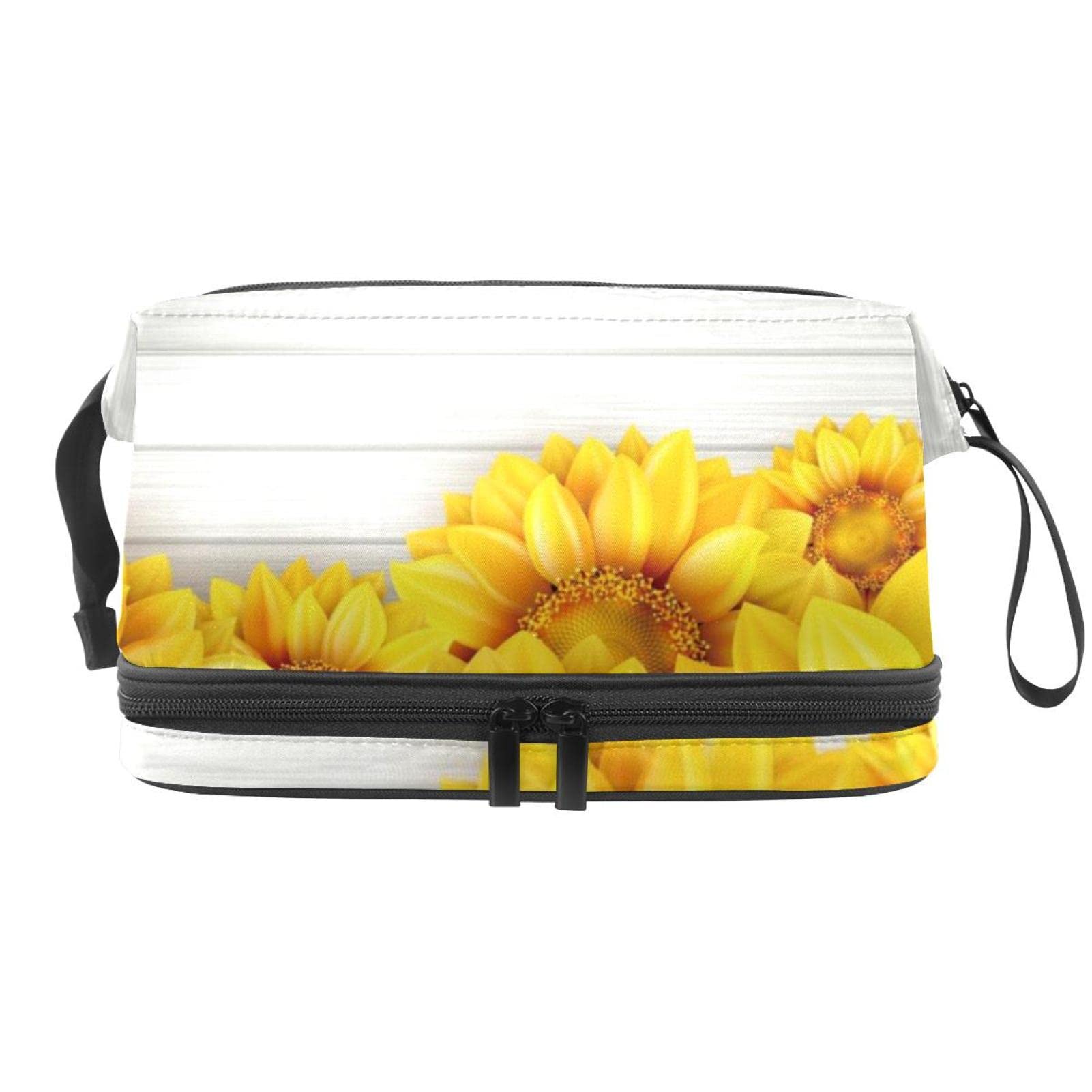 Large Travel Cosmetic Bag for Women - Wood & Sunflower Pattern Makeup Organizer Toiletry Pouch | Perfect for Vacation, Gym, and Daily Essentials Storage