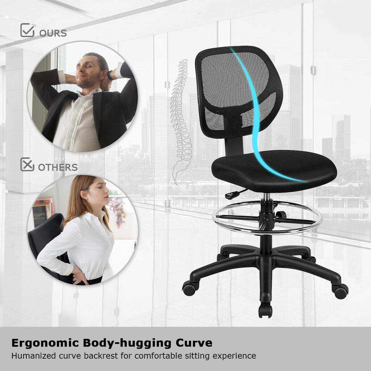Giantex Mesh Drafting Chair with Footrest Ring - Adjustable Height Mid Back Office Chair for Standing Desk, Home & Office Use - Black - Perfect for Architects, Designers & Long Work Hours