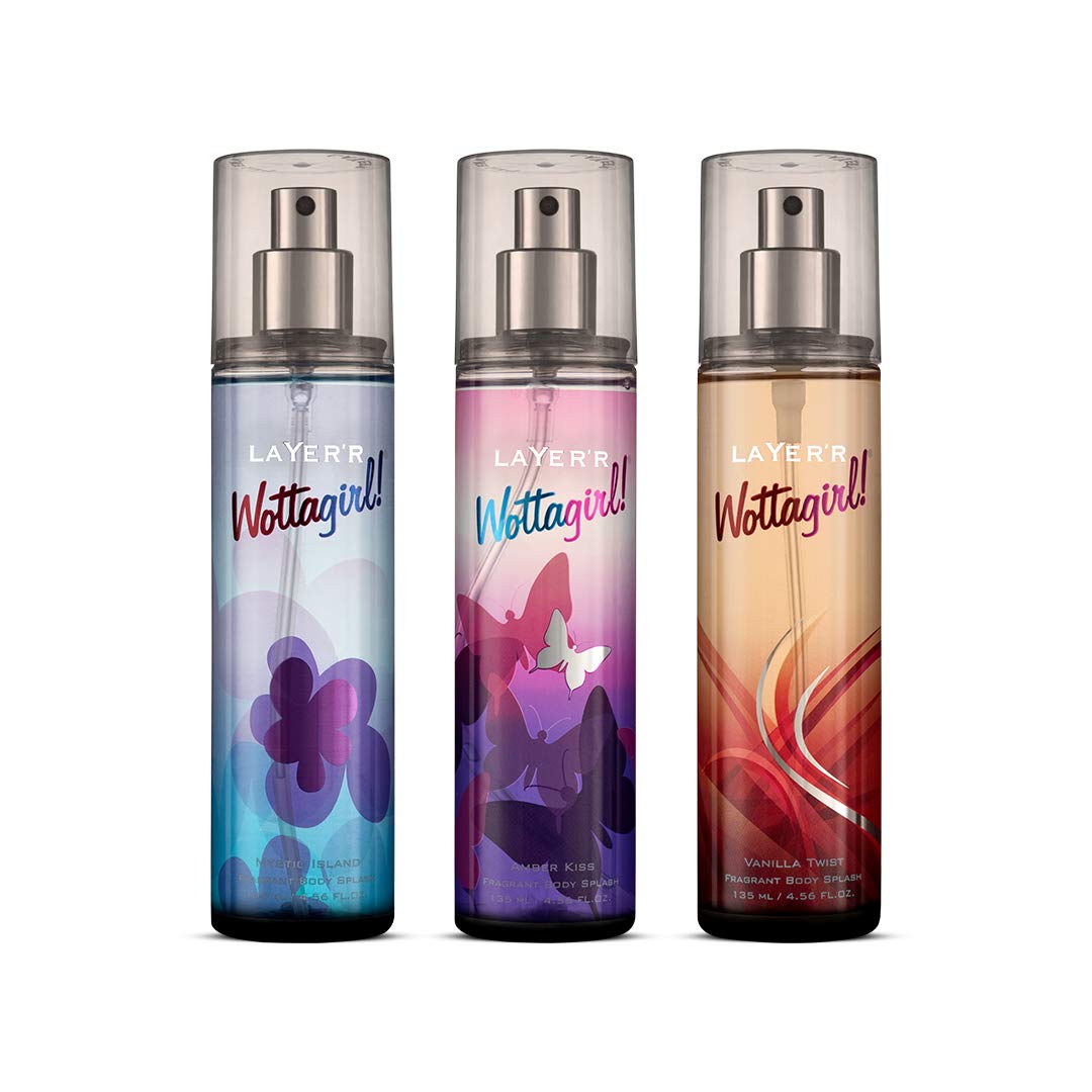 Layer'r Wottagirl Fragrant Body Splash Trio Set - Amber Kiss, Mystic Island & Vanilla Twist | Long-Lasting Perfume Mist for Women | Perfect for Daily Use, Gym, Office & Date Nights