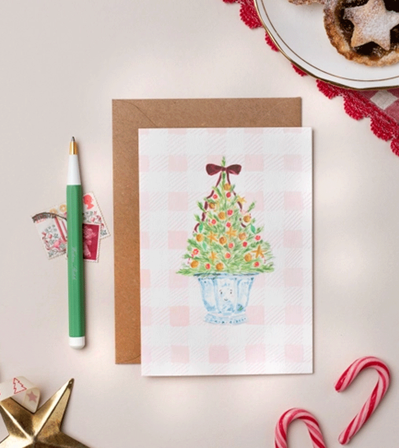 Western Sketch Christmas Tree on Gingham Check Holiday Greeting Card - Perfect for Christmas Decorations, Party Invitations & Festive Gift Giving