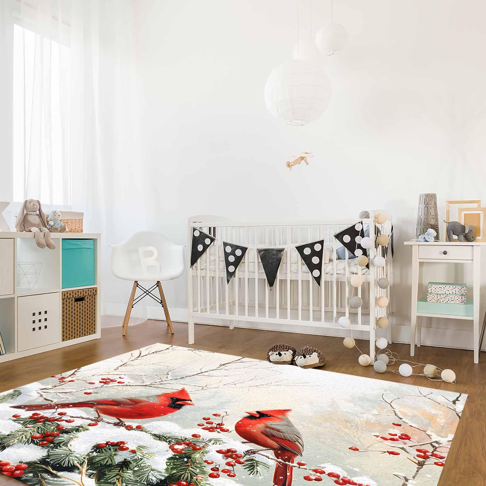 Non-Slip Christmas Indoor Area Rug - Red Birds Snowflake Berry Botanical Design - 3'x5' Kitchen Runner, Bathroom Mat for Bedroom, Living Room & Kids Room - Perfect for Holiday Decor & Cozy Home