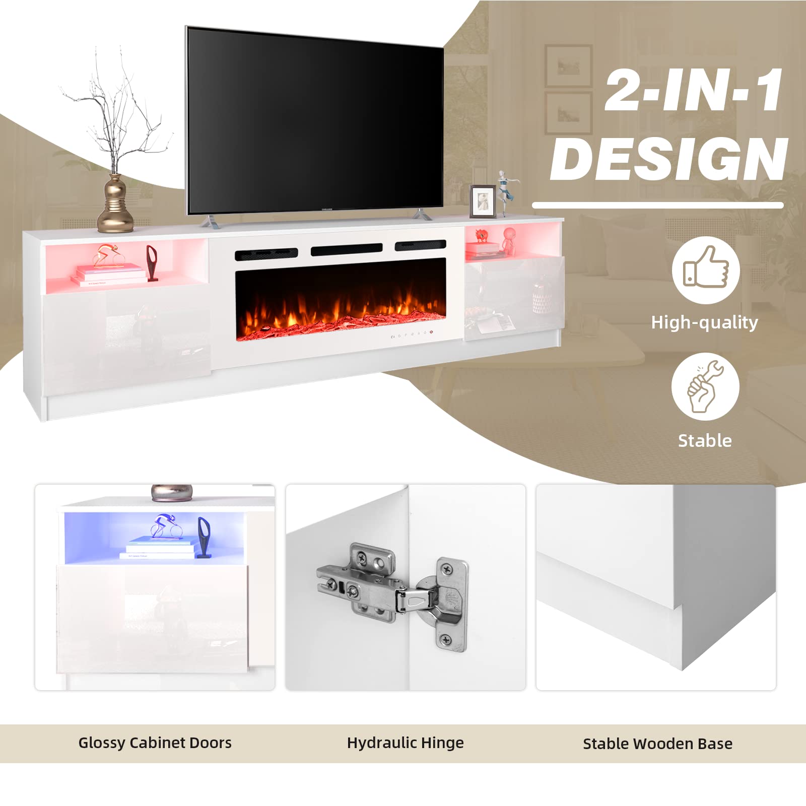 80'' Fireplace TV Stand with 40'' Electric Fireplace Heater - 16 Color LED Lights & 12 Flame Effects - Entertainment Center for TVs up to 90'' - Modern White TV Console for Living Room - Perfect for Home Theater Setup & Cozy Winter Nights