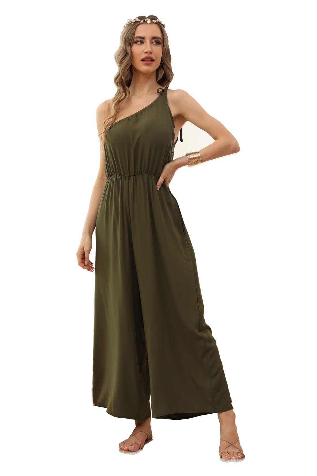 BALAMY Women's One Shoulder Sleeveless Jumpsuit - Adjustable Strap Wide Leg Boho Romper for Beach, Party & Summer Outfits