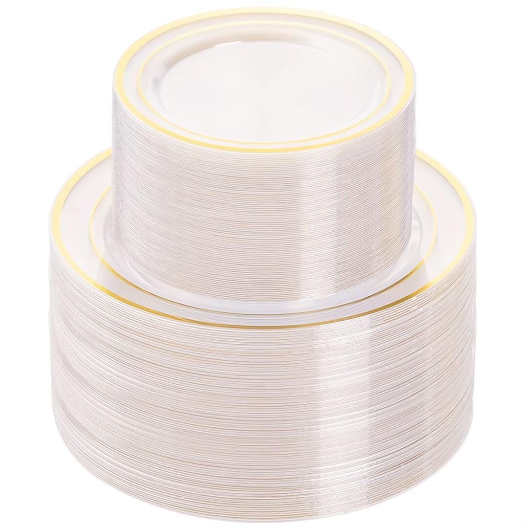 200PCS Clear Gold Plastic Plates - Disposable Party Dinnerware Set (100 Dinner Plates + 100 Dessert Plates) for Wedding, Birthday & Special Events - Elegant Tableware for Catering, Buffet & Home Celebrations