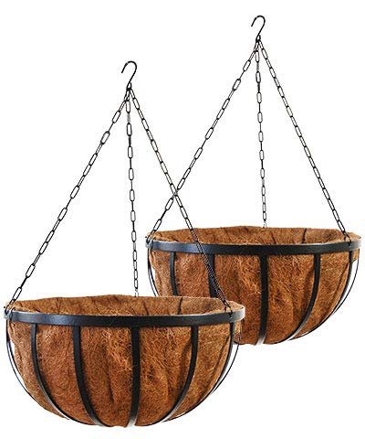 Gardman Forged Steel Hanging Baskets with Coconut Fiber Liners - 20 Inch Black Planters (Set of 2) - Perfect for Patio, Garden & Outdoor Flower Decor