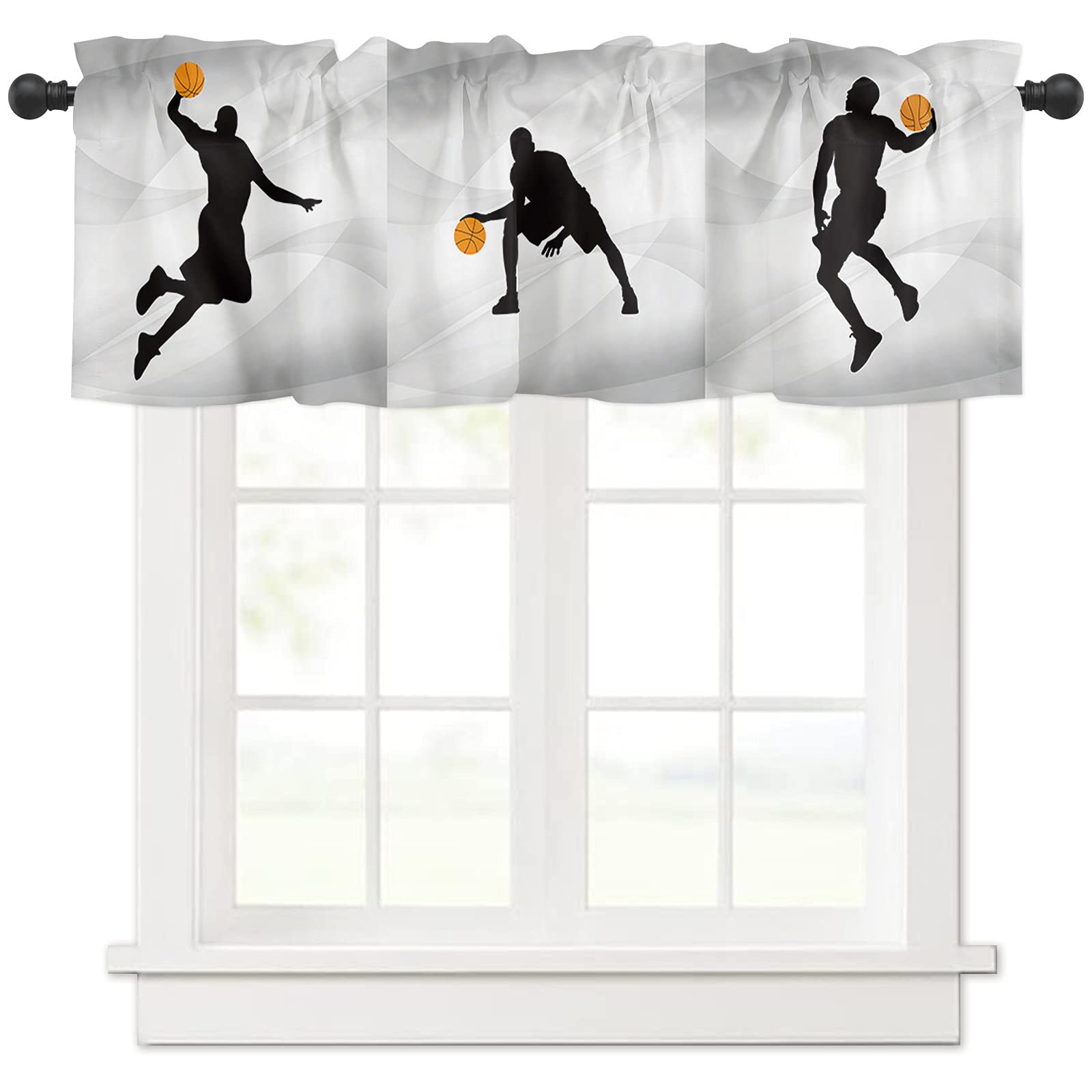Basketball Sports Curtain Valances - Slam Dunk Patchwork Design, 54x18 Inch Window Treatment Tier Curtains with Rod Pocket for Kitchen & Living Room - Perfect for Sports Themed Bedrooms, Game Rooms, and Basketball Fans Decor