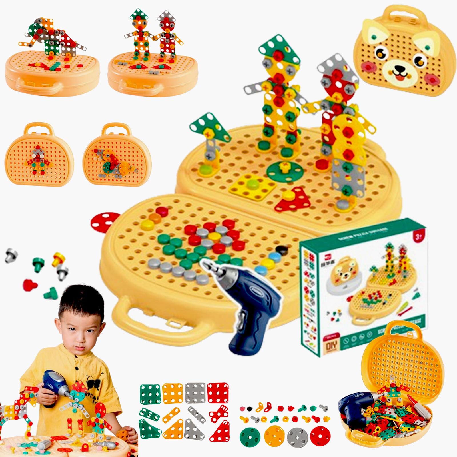 LONGLUAN Montessori Magic Play Toolbox with Drill - Educational Wooden Toy for Kids, STEM Learning, Fine Motor Skills Development - Perfect for Pretend Play, DIY Projects & Toddler Gift (Puppy Design)