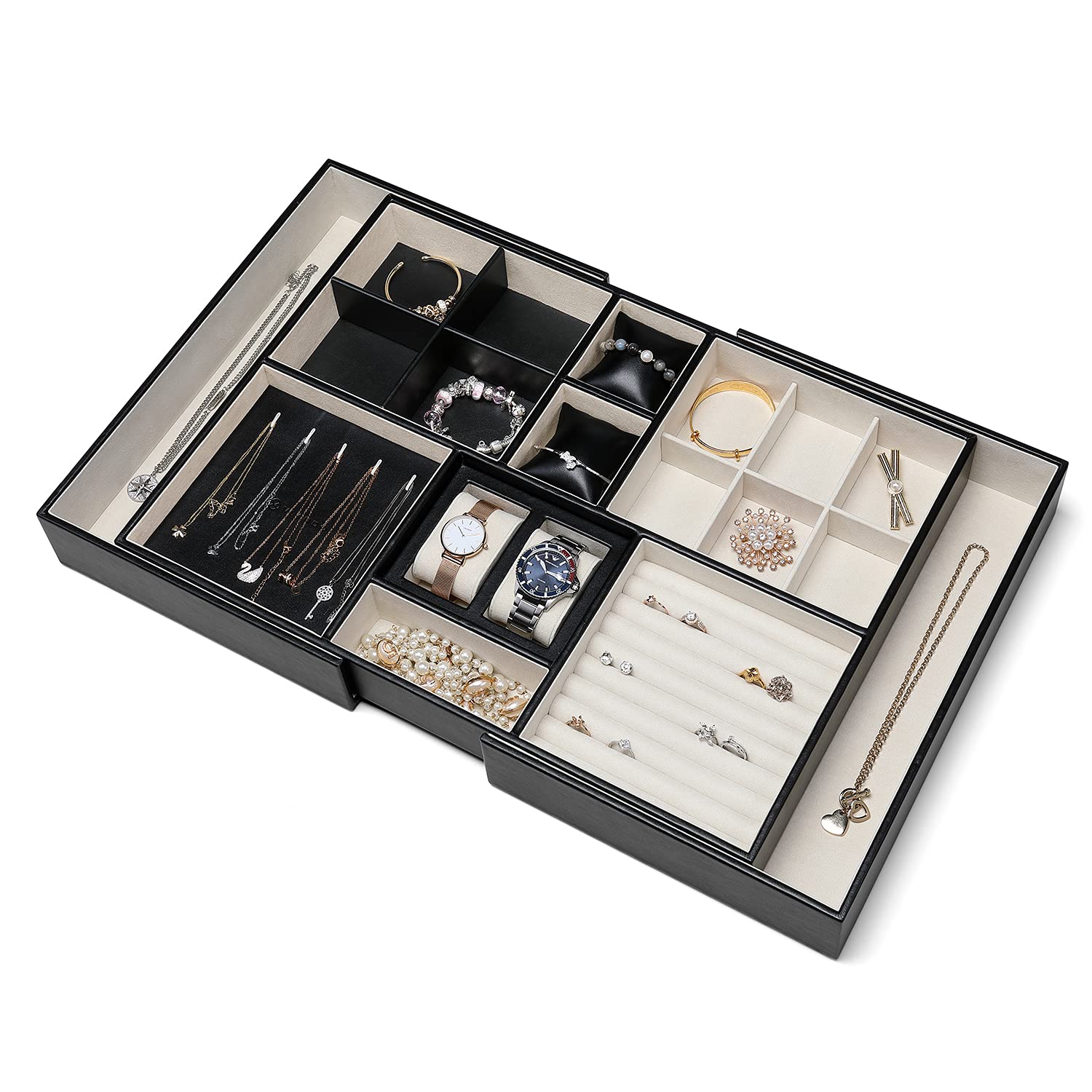 Vlando Retractable Jewelry Organizer Tray - Adjustable Storage for Necklaces, Watches, Rings & Earrings - Perfect for Closet, Wardrobe, Dresser & Cabinet Drawers (Black) - Ideal for Travel & Home Organization