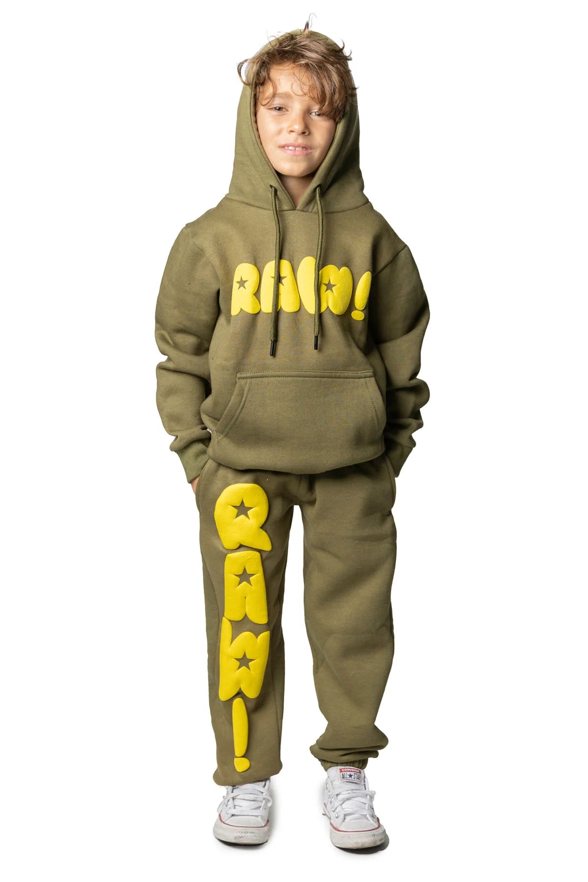 RAW Star Yellow Puff Hoodie and Jogger Set for Kids - Cozy Winter Outfit for Boys & Girls - Perfect for Playdates, School, and Outdoor Activities
