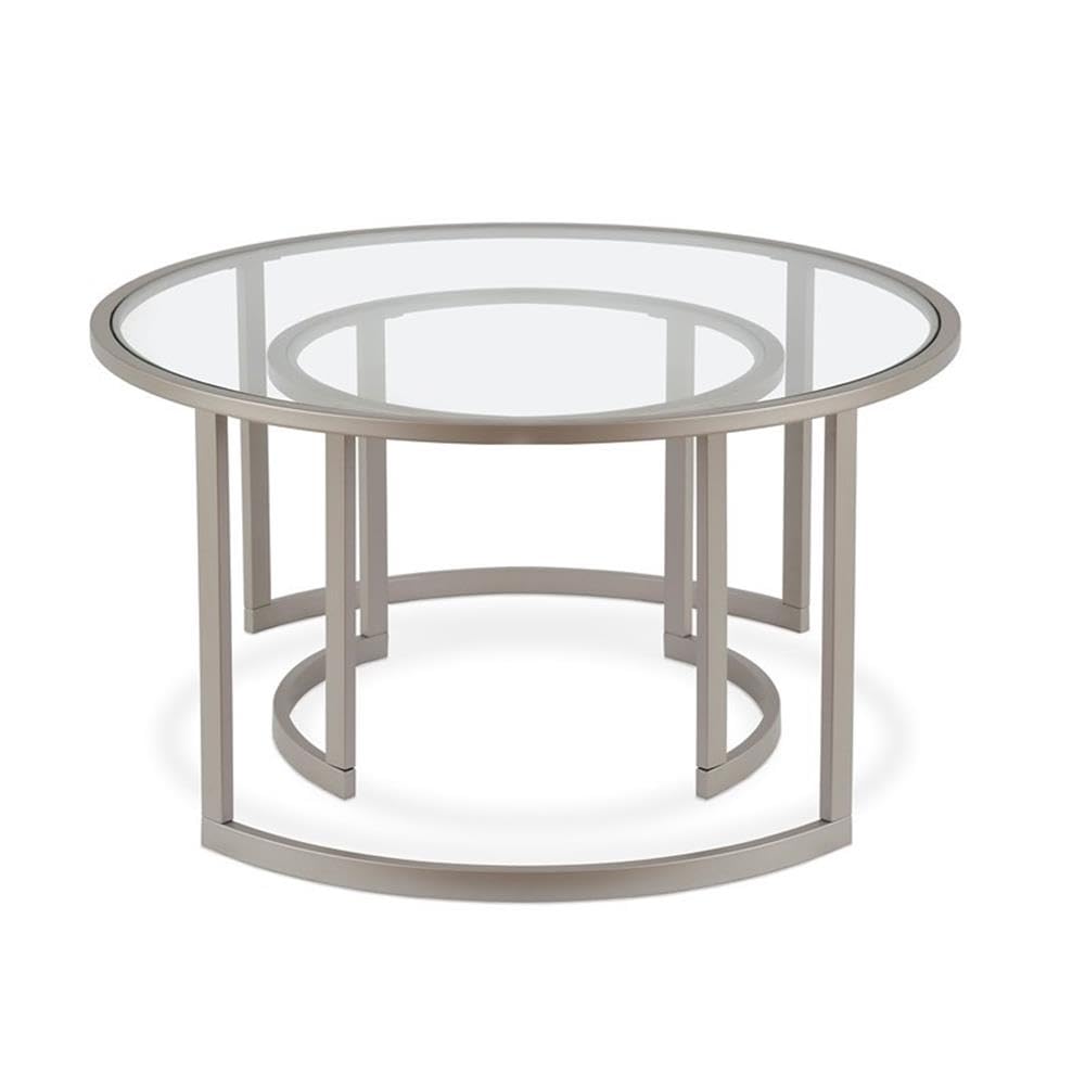 Modern Metal Two-Tier Glass Top Coffee Table in Nickel & Gray - Perfect for Living Room, Office, or Lounge Decor