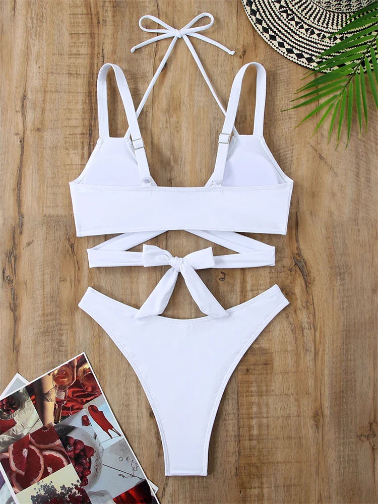 Sexy Women's Bikini Set - Solid Color Sling Lace Up Two Piece Swimwear with Thong Bottom | Perfect for Beach Vacation, Pool Party & Summer Getaways