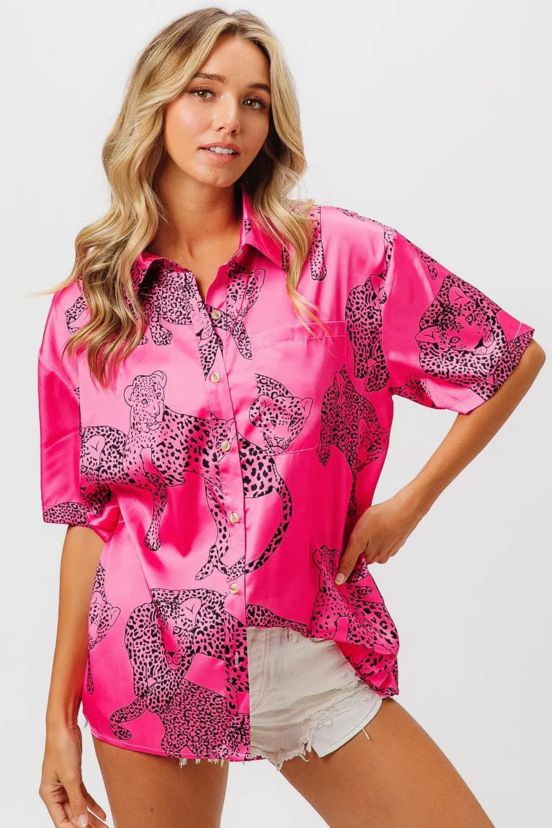 BiBi Leopard Print Short Sleeve Silky Satin Shirt Top for Women - Fashion Blouse for Casual Wear, Night Out & Office Outfits