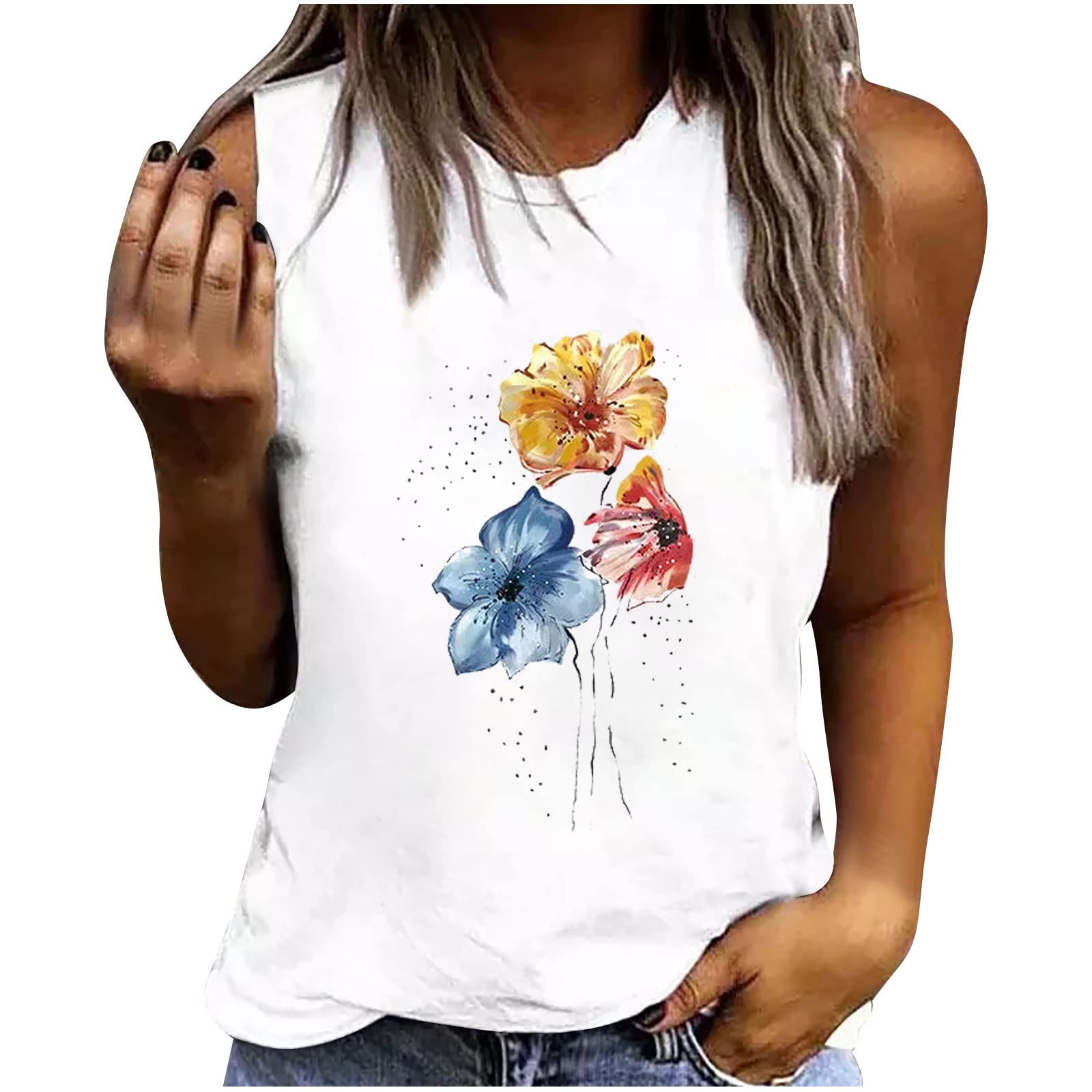 Luciava Women's Summer Tank Tops - Loose Fit Cute Printed Sleeveless Casual Crewneck Shirts | Breathable Comfy Workout Blouse for Yoga, Beach & Everyday Wear