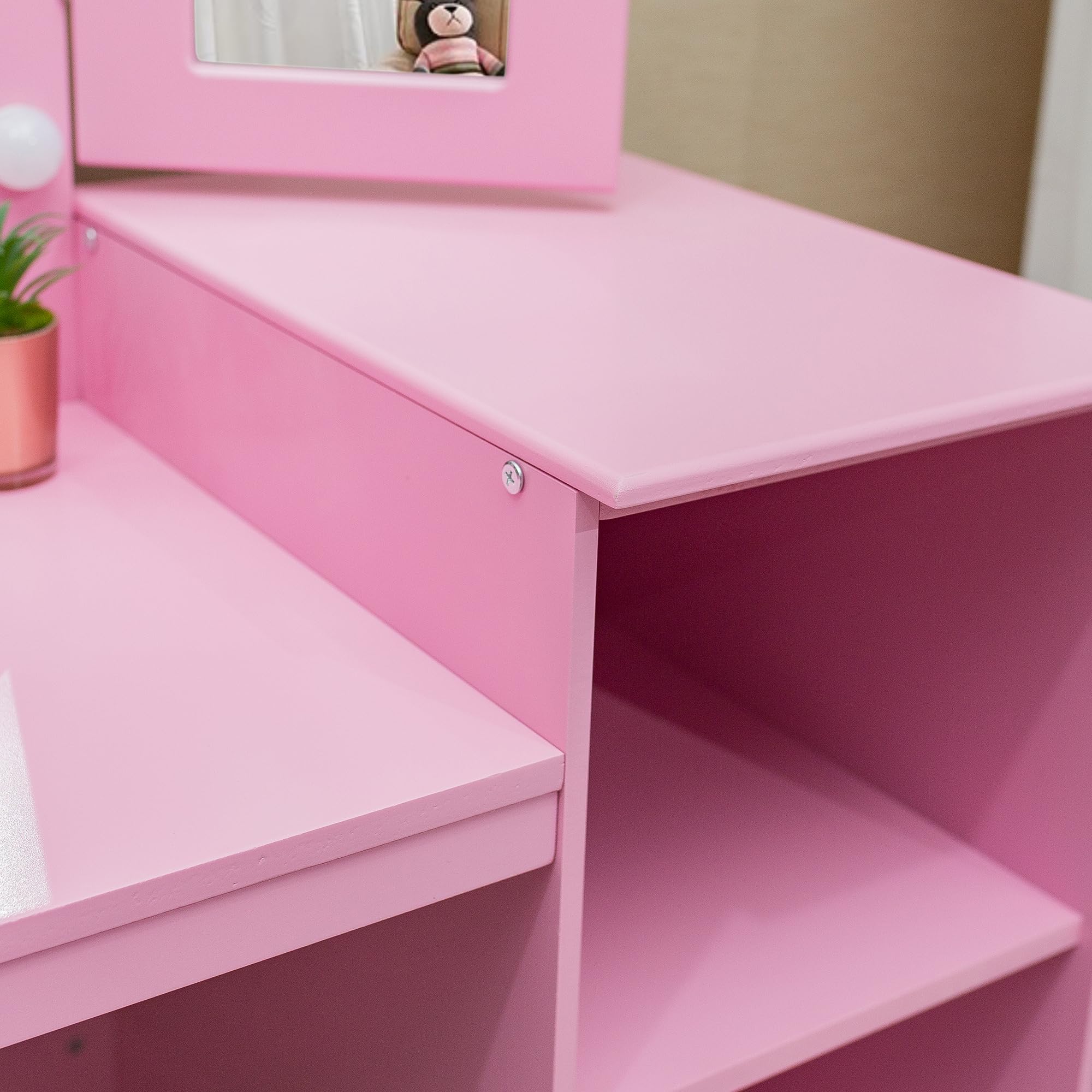 Princess Makeup Vanity Table for Girls - 2 in 1 Kids Wooden Dressing Table with Touch Light, Detachable Tri-Folding Mirror & Open Storage Shelves - Perfect for Bedroom Decor, Birthday Gifts & Pretend Play