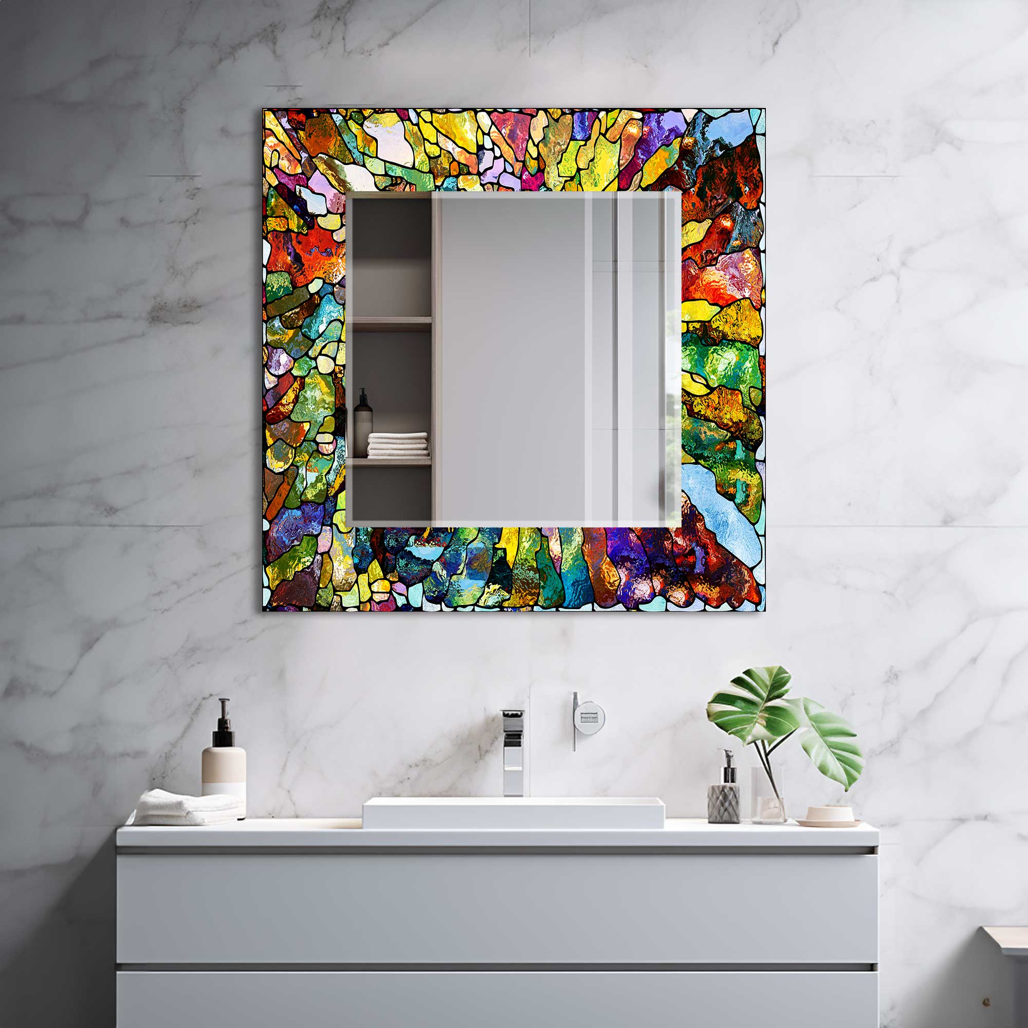 Vibrant Stained Glass Effect Tempered Mirror - Shatterproof Decorative Wall Mirror for Home Decor, Bathroom, Living Room & Bedroom