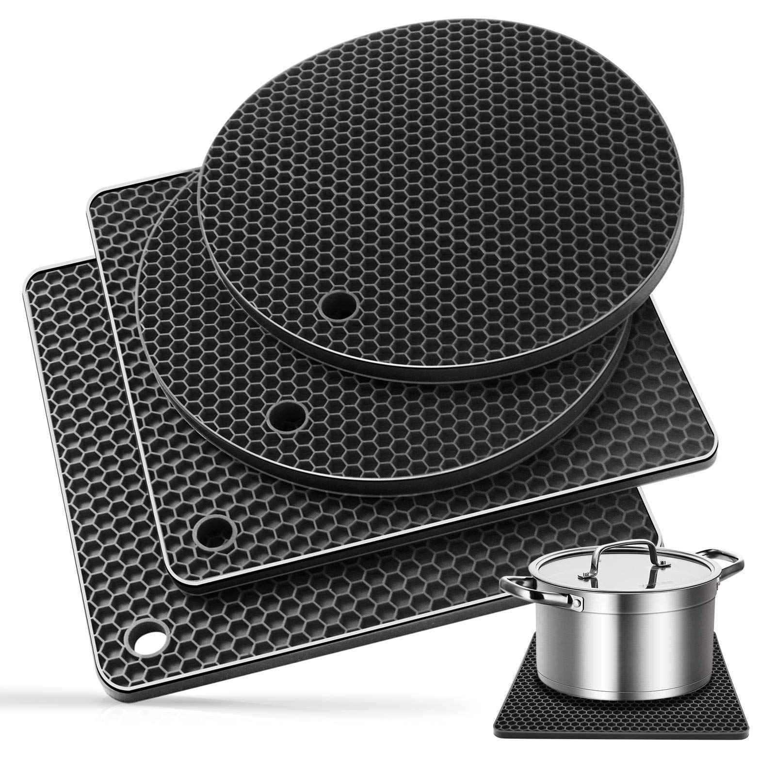 Ardanlingke 4-Pack Silicone Trivet Mats for Hot Pots & Pans - Extra Thick Heat Resistant Kitchen Pads, Non-Slip Pot Holders & Jar Openers - Multi-Purpose Gripper Pads, Drying Mats & Coasters (Dark Gray) - Perfect for Cooking, Baking & Protecting Countertops