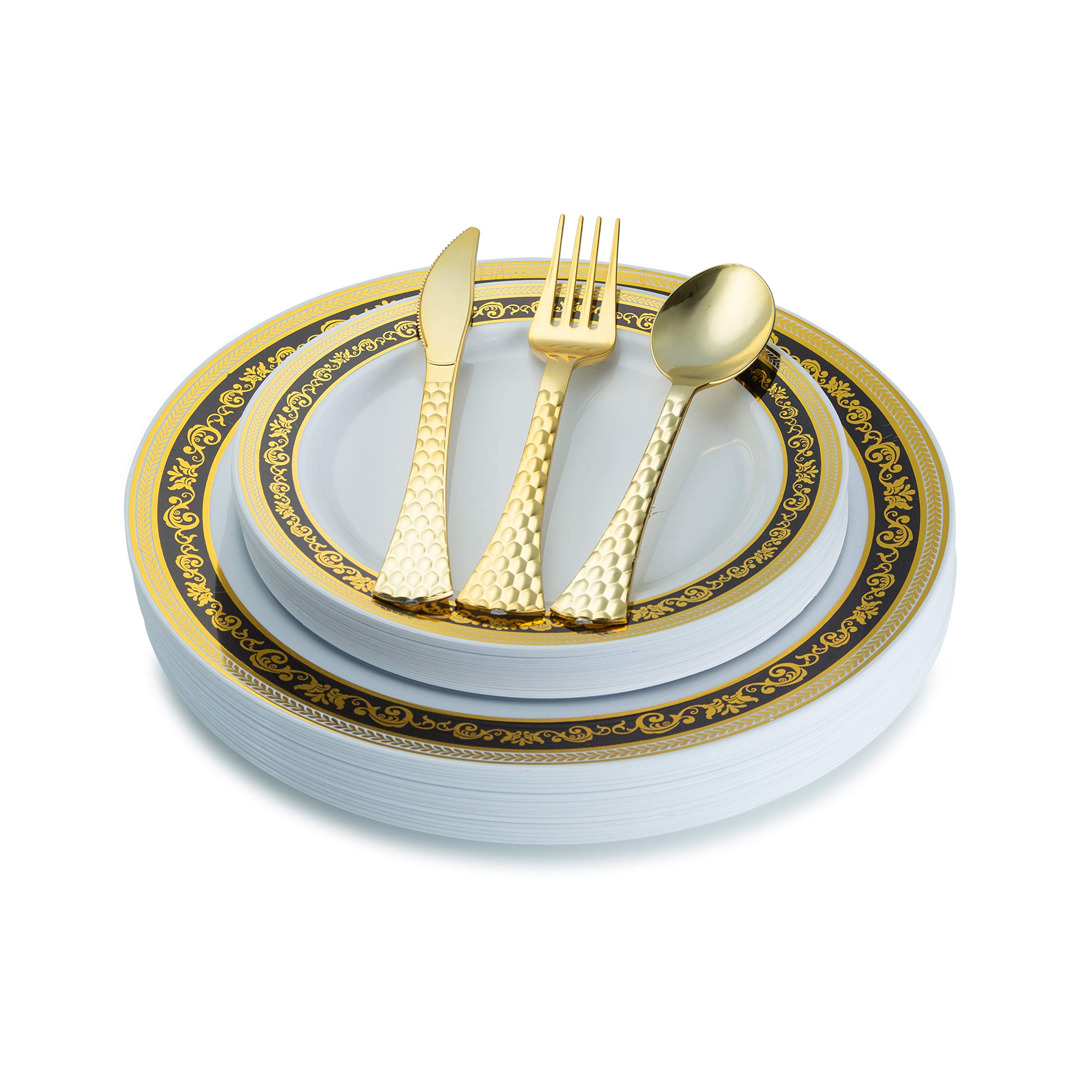 100-Piece Royal Black and Gold Disposable Plastic Plates & Silverware Set - Heavyweight Elegant Dinnerware for 20 Guests | Includes 20 Dinner Plates, 20 Dessert Plates, 20 Forks, 20 Spoons, 20 Knives | Perfect for Weddings, Parties, Catering & Special Events