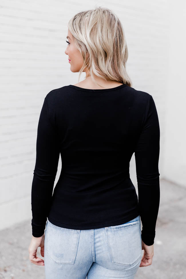 Stylish Black Ribbed Knit Henley Long Sleeve T-Shirt for Men - Soft Cotton Blend, Comfort Fit - Perfect for Casual Wear, Layering & Outdoor Activities