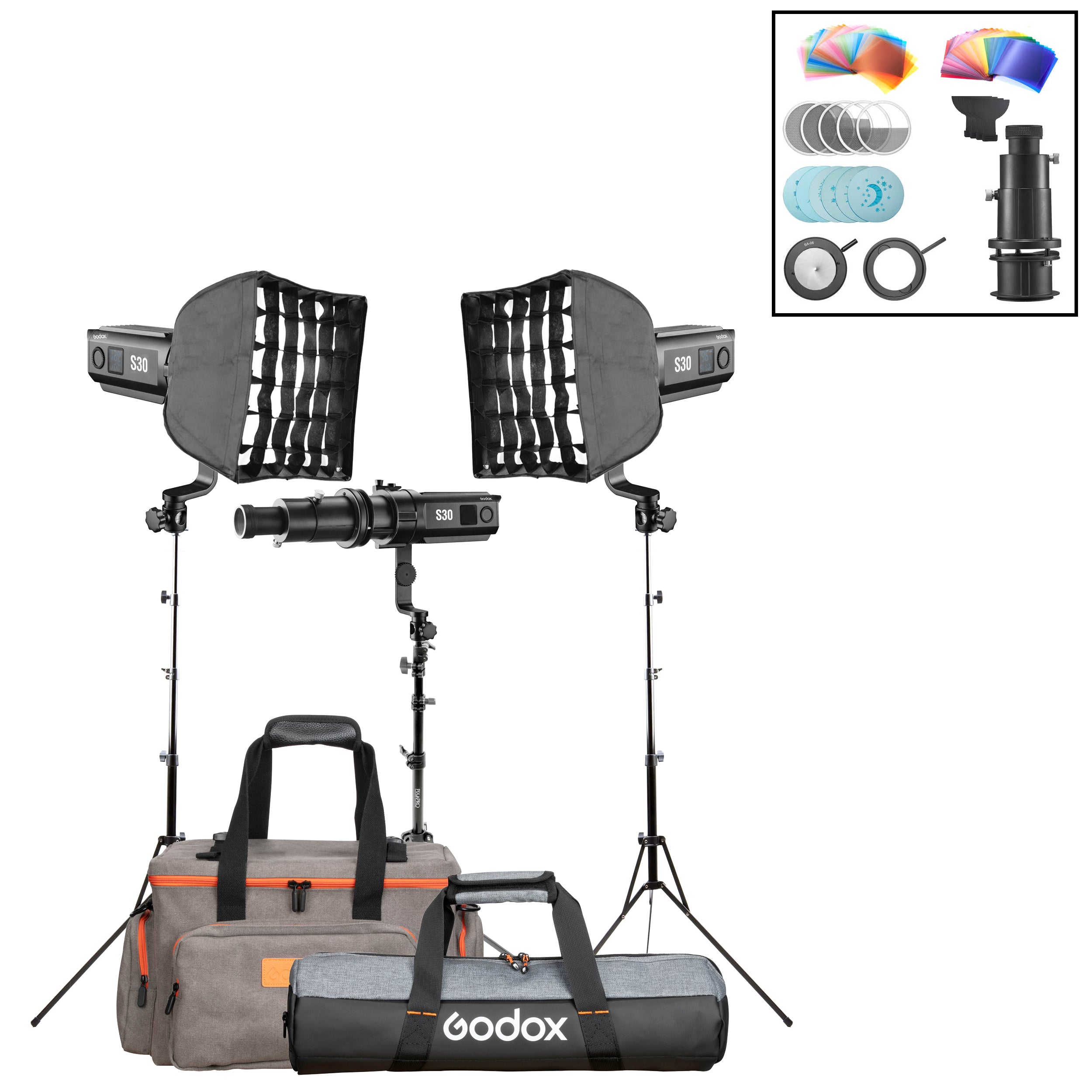 Godox S30 3-Head LED Video Light Kit with Stands & Accessories - Perfect for YouTube, Photography, and Studio Lighting