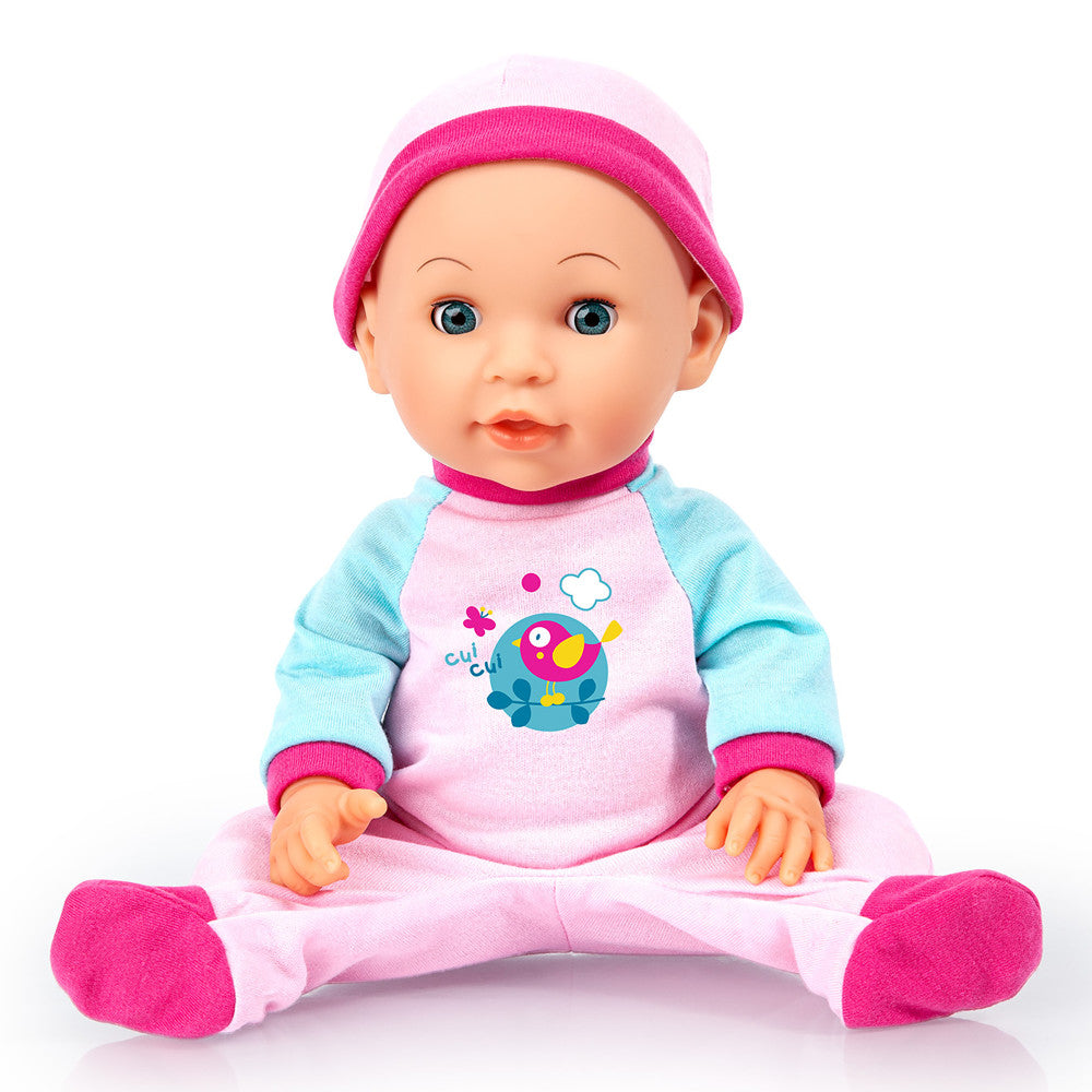 Bayer Design 15 Inch Bouncy Baby Doll - Soft Huggable Toy for Toddlers & Kids (Bird Pink & Blue) - Perfect for Pretend Play, Gift Giving & Nursery Decor