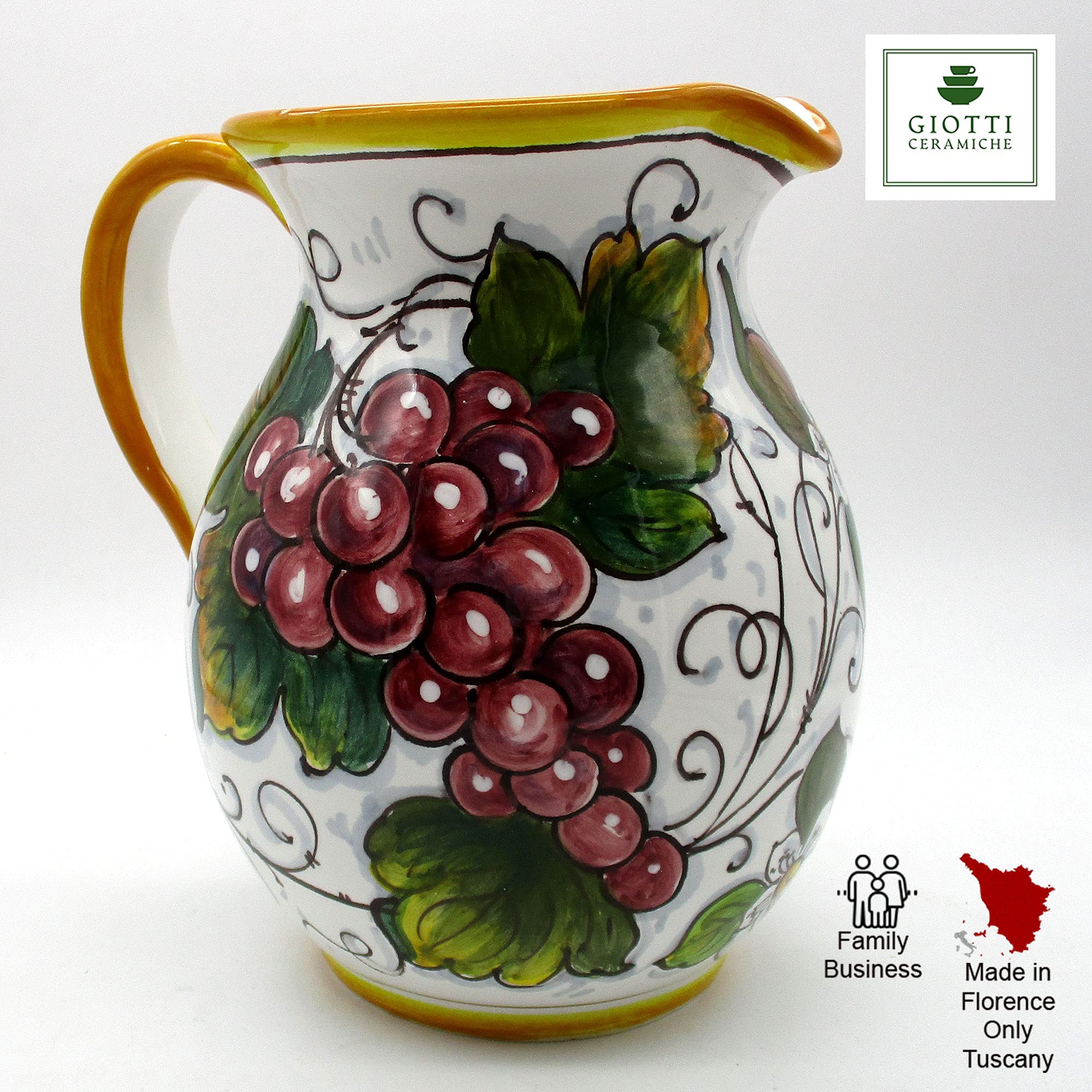 Italian Ceramic Pitcher with Mixed Fruits Design - 33 oz Hand-Painted Kitchen Carafe, Utensil Holder & Wine Dispenser - Tuscan Pottery Vase for Home Decor - Perfect for Dining Tables, Kitchen Countertops & Gift Giving