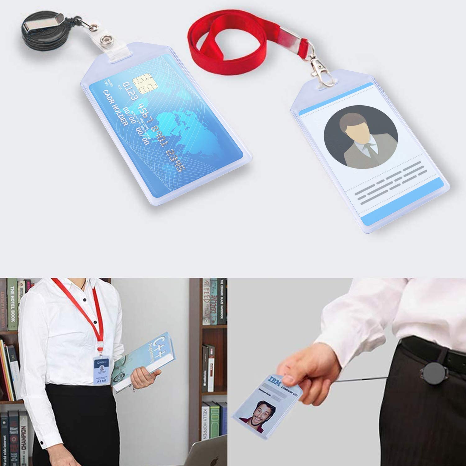 Vetoo 5 Pack Heavy Duty ID Card Badge Holders - Durable Hard Plastic & Soft Silicone Vertical PVC Name Tag Holders for Work, School & Events (Clear, Reusable)