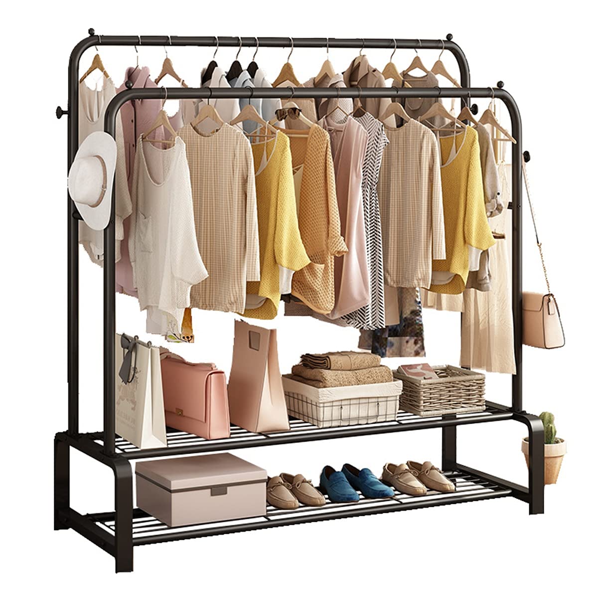 Heavy Duty Industrial Pipe Clothing Rack with Shelf & Double Rod - Commercial Grade Garment Rack on Wheels for Entryway, Hallway, Bedroom | Perfect for Retail Stores, Boutiques, and Home Organization