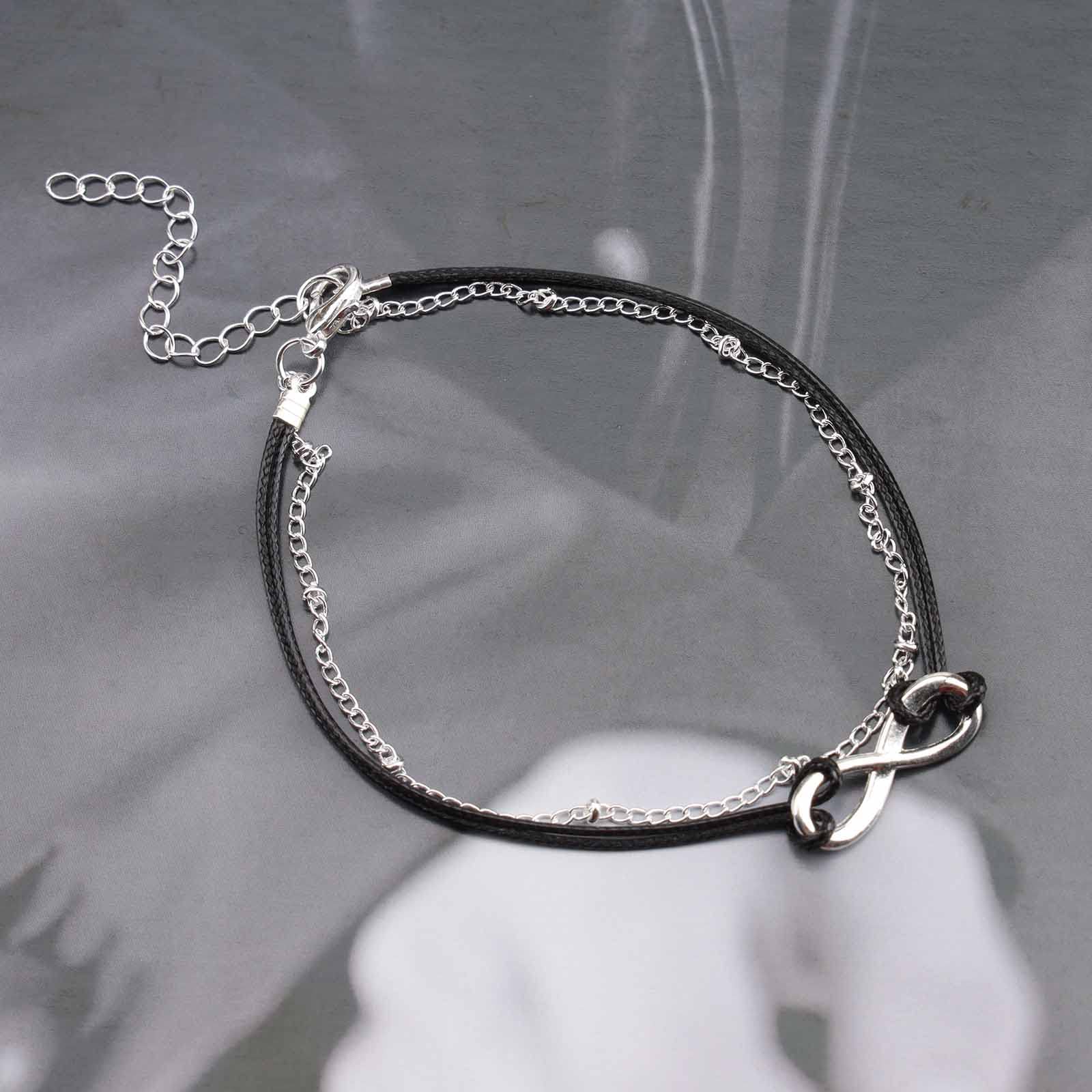 Boho Layered Infinity Ankle Bracelet - Silver Satellite Anklet with Black Rope Chain, Retro Foot Jewelry for Women, Personalized Summer Gift | Perfect for Beach Vacations, Music Festivals & Boho Fashion