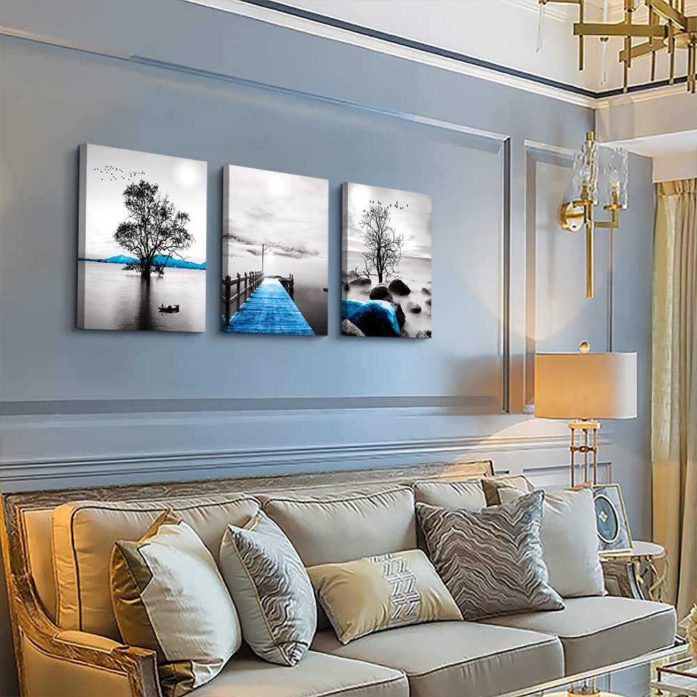 Modern Black and White Ocean Landscape Canvas Wall Art - 3 Piece Framed Wall Decor for Living Room, Bedroom, Office & Bathroom | Coastal Home Decor & Relaxing Beach-Themed Interior Design