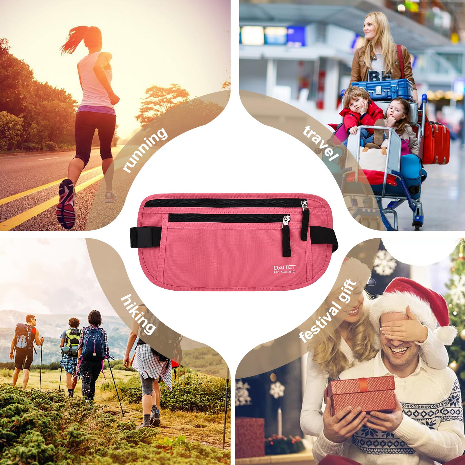 RFID Blocking Money Belt for Men & Women - Slim Travel Fanny Pack with Passport Holder, Phone & Cash Pockets - Anti-Theft Waist Wallet for Running, Hiking & Vacation (Hot Pink) | Secure Essentials Storage for Airport, Gym & Outdoor Adventures