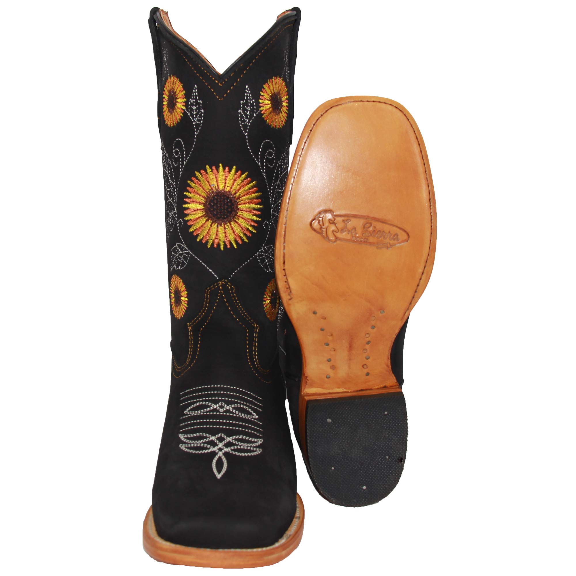 Women's Cowboy Square Toe Leather Boots with Sunflower Embroidery - Western Style Ankle Boots for Country Rodeo, Line Dancing & Fashion Outfits