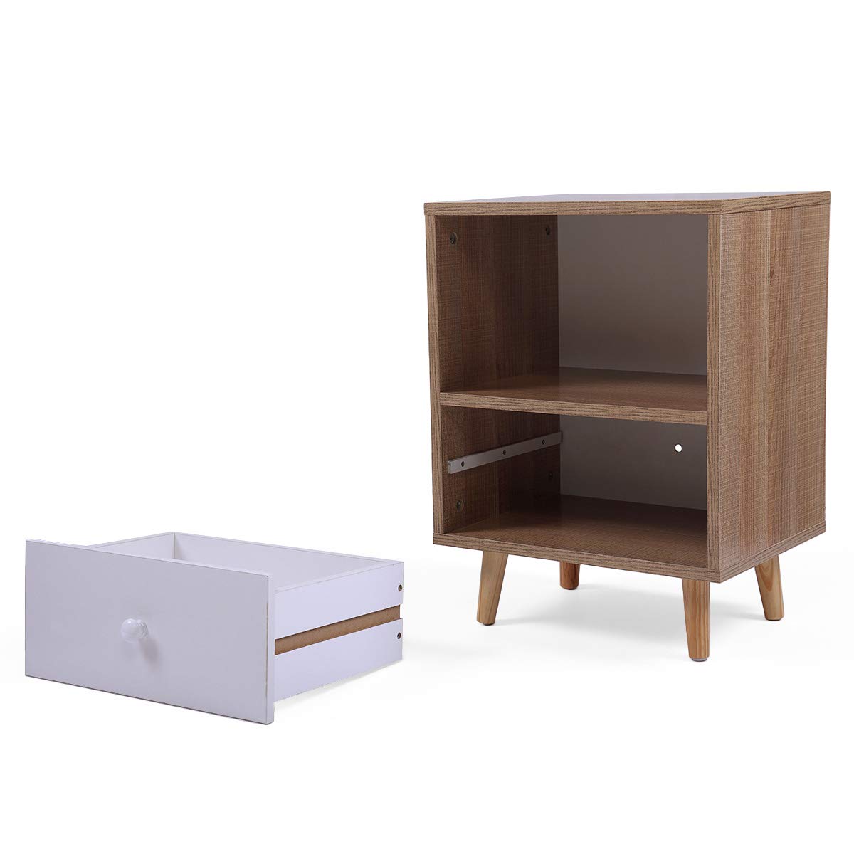 2-Tier Mid Century Modern End Table - Wooden Nightstand Side Table with Storage Drawer & Solid Wood Legs - Natural Wood Color - Perfect for Bedroom, Living Room & Office Spaces